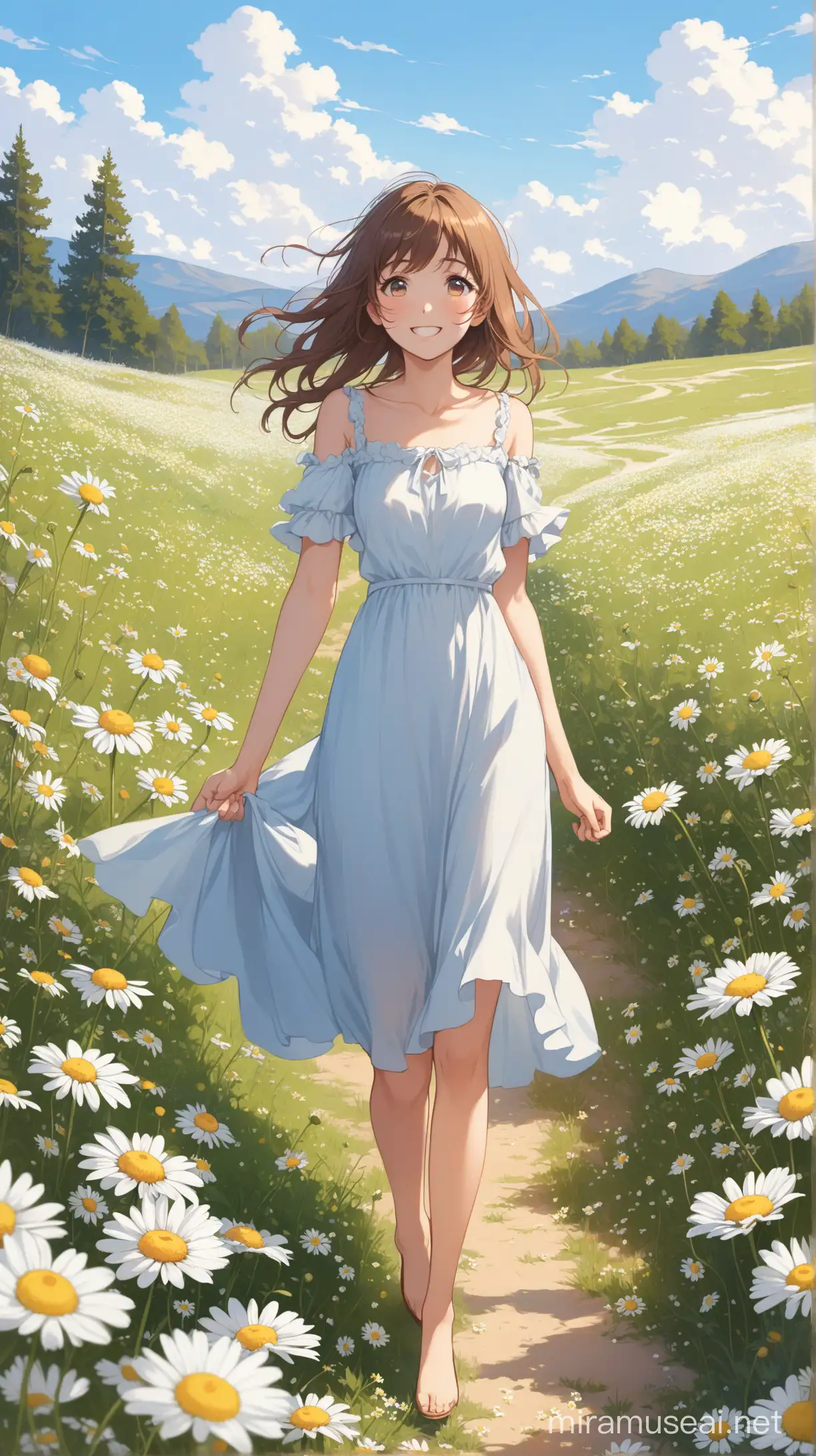 a cheerful girl in a dress walks through a chamomile field