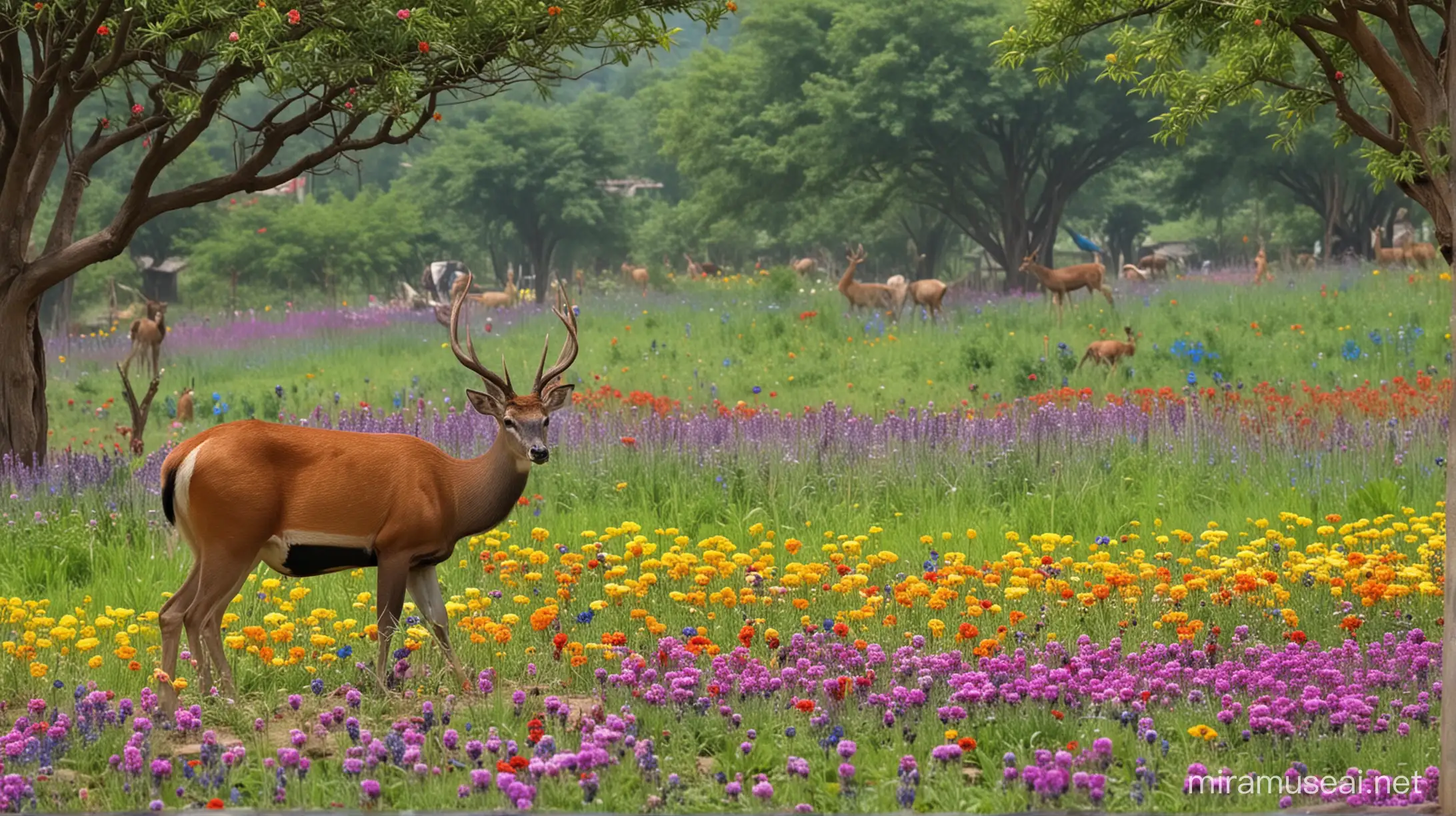 nature with colorful flowers ,deer,peacock,indian village