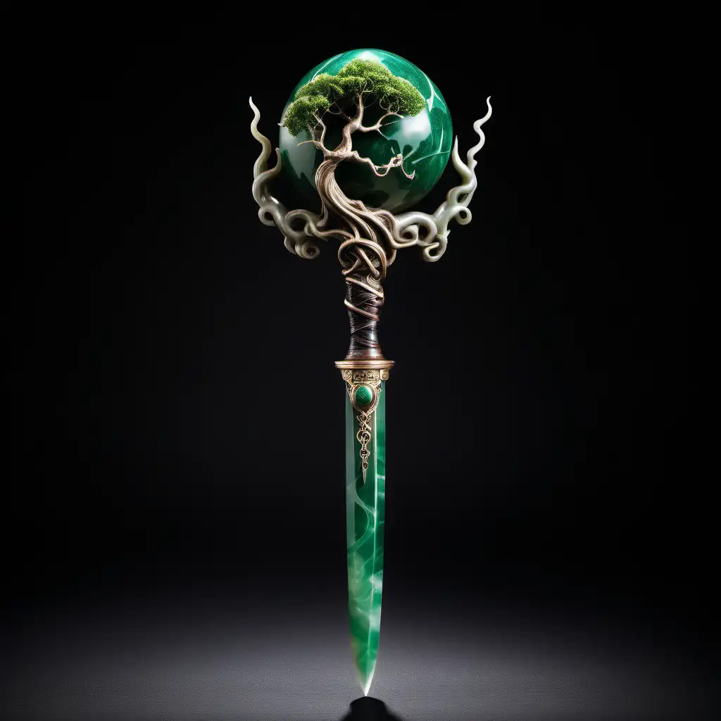 a lustrous jade staff topped with a planetary globe and tree roots intertwining beneath the globe.  The opposite end of the staff is tipped with a forest green knife blade.