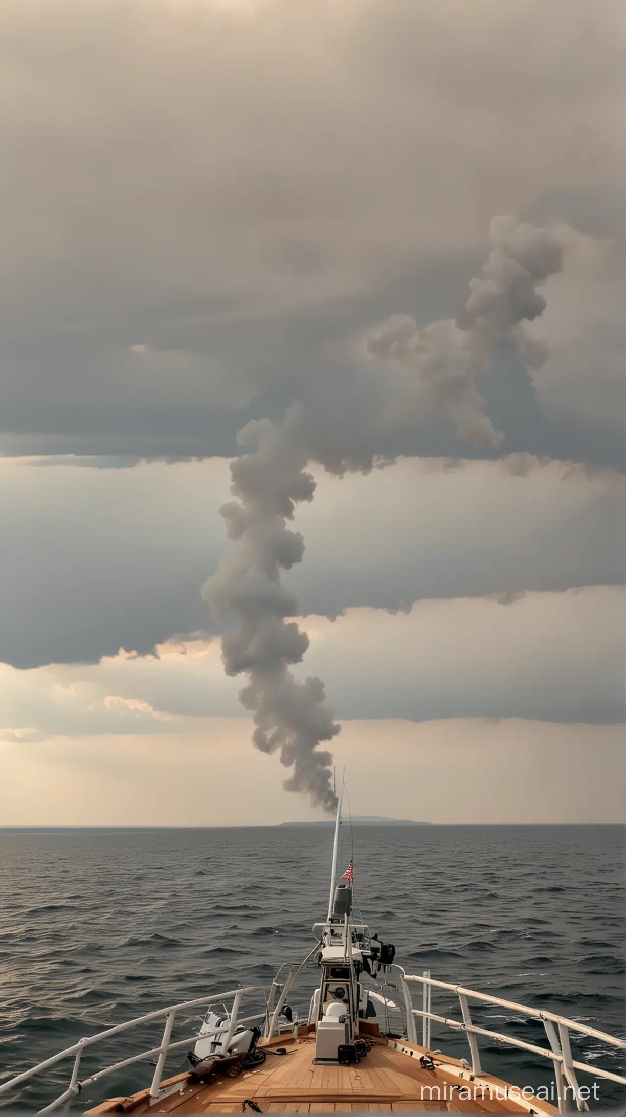 Photo prise depuis le pont d'un bateau et sur laquelle on voit la terre au loin remplies de fumée 