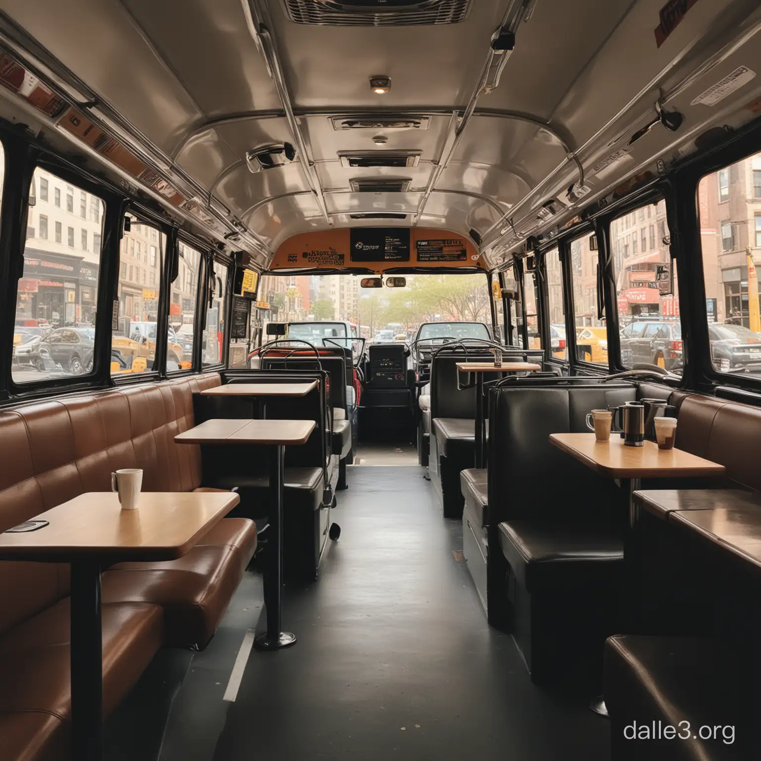 Photo of the inside of a New York City bus that has a tiny espresso bar built into the area by the rear door. There are passengers riding the bus and enjoying espresso. There is a barista working behind the bar serving the espresso.