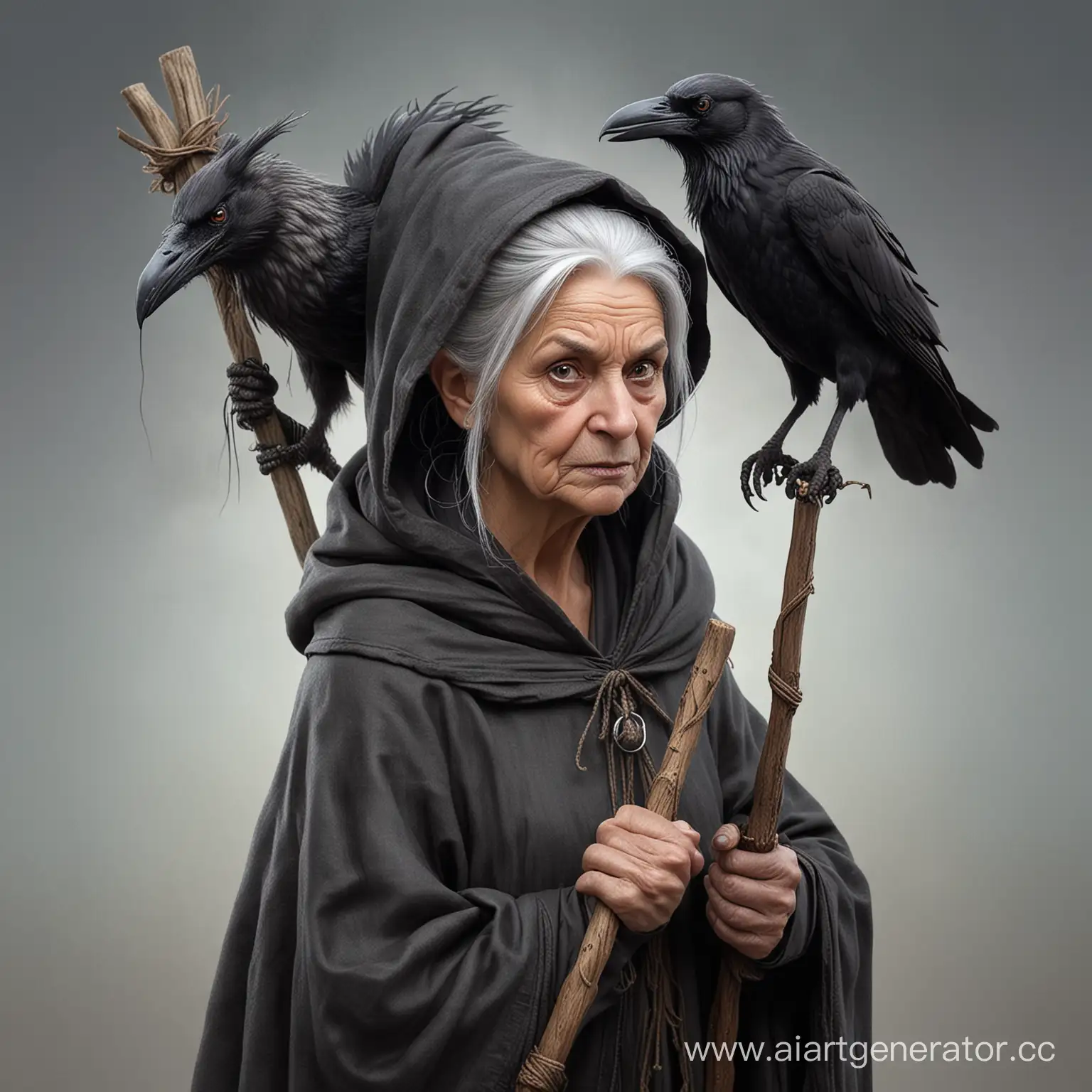 a short stooped old woman with gray hair in a bun with a wooden staff and a hooded cape, a witch on the shoulder of a raven  thin with long big hooked nose angry fantasy art