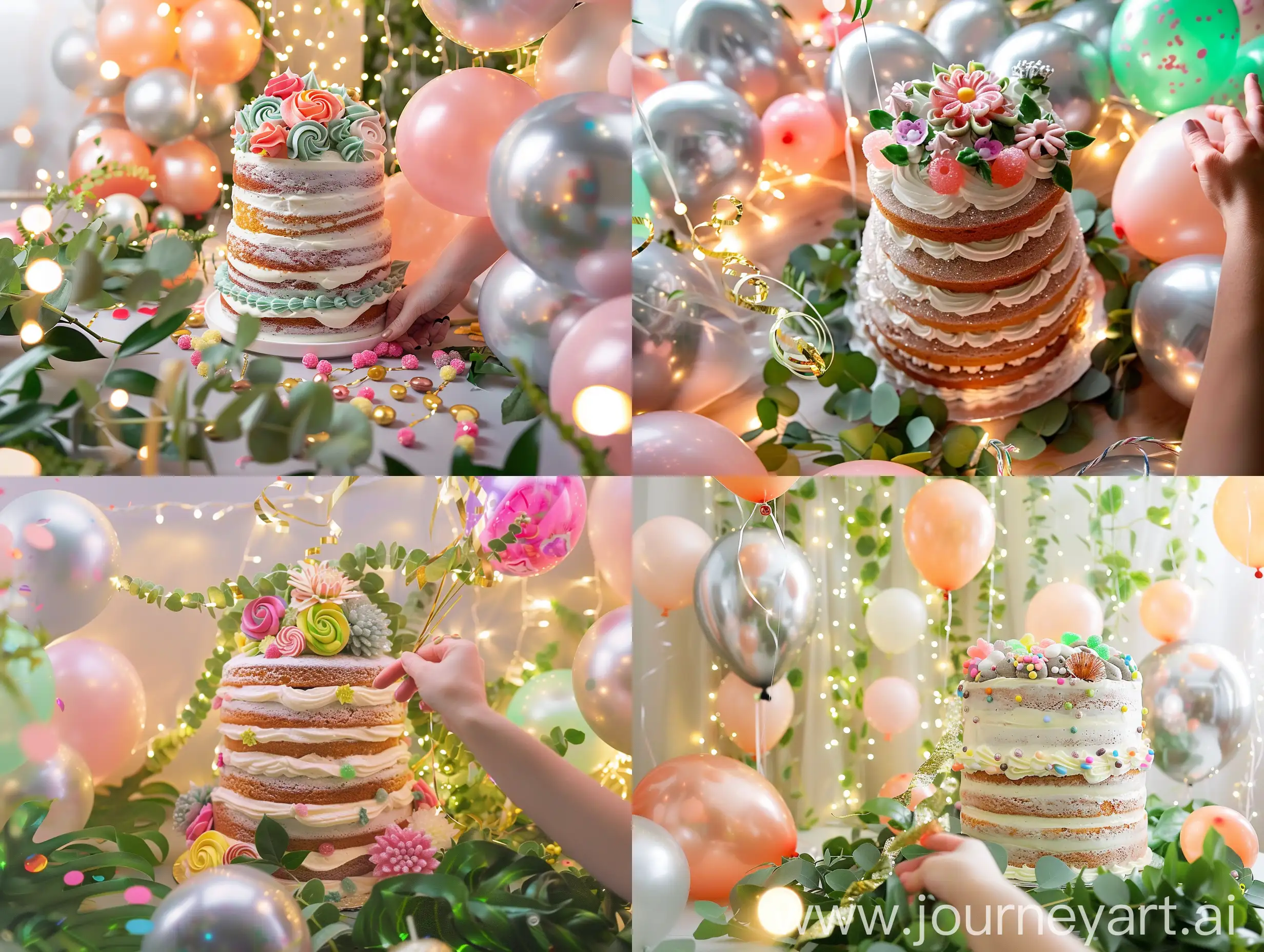 A festive scene bursts with the joy of a party. In the center, a magnificent cake takes center stage, its layers adorned with delicate frosting swirls and vibrant candy flowers. Lush greenery cascades down the sides, adding a touch of elegance. Around the cake, a vibrant array of balloons bob gently, their glossy surfaces reflecting the warm light of fairy lights strung across the room. The balloons come in a mix of metallic silver, pastel pink, and confetti-filled, each one adding to the celebratory atmosphere. A hand reaches in to grab a shimmering gold streamer, hinting at the playful energy about to unfold. The overall scene exudes a sense of excitement and anticipation, promising a party filled with laughter, delicious treats, and unforgettable memories.
