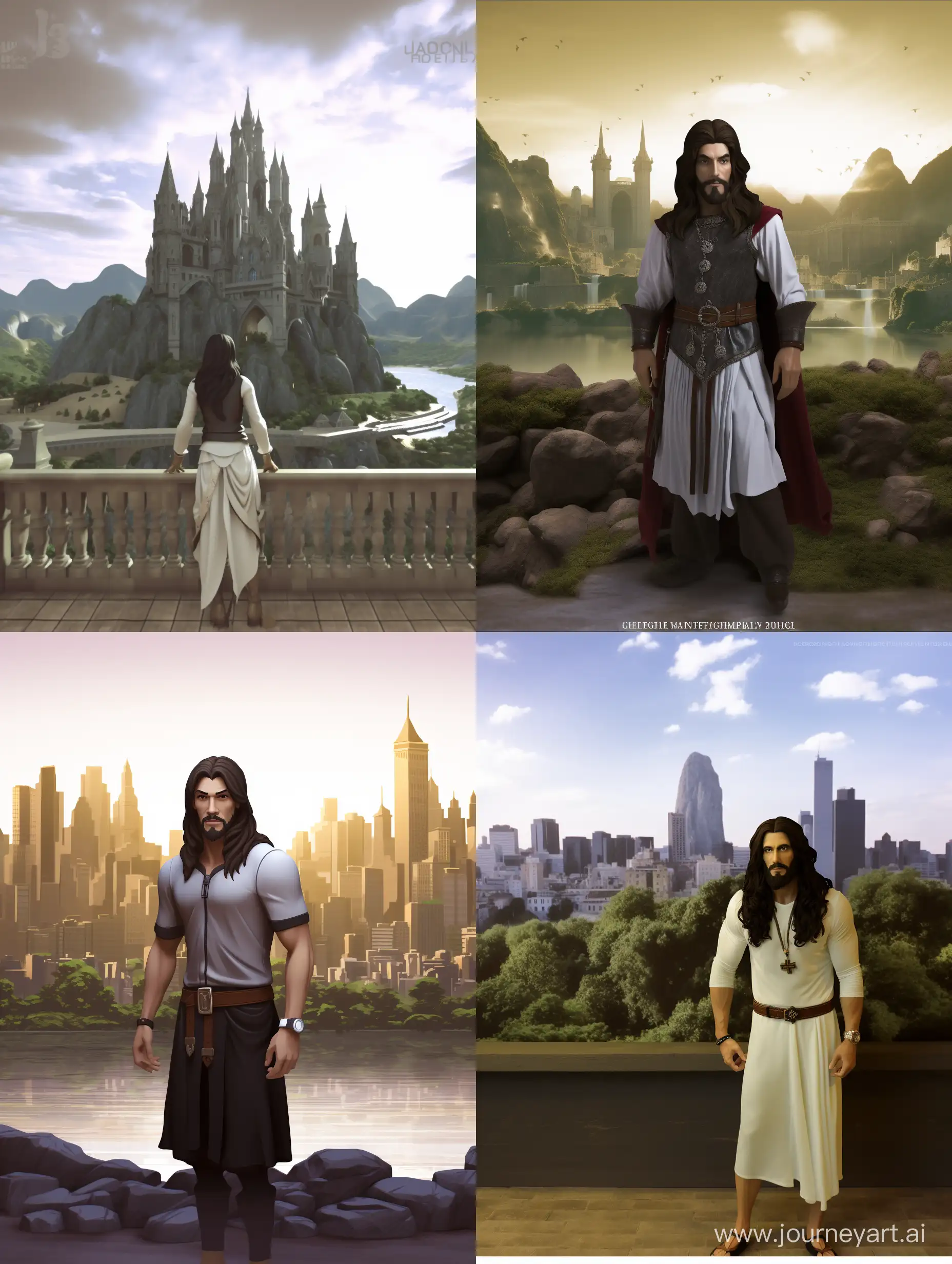 A medieval man, 22 years old, muscular, 180 cm tall, with long brown black hair, a side undercut, gray eyes, a distinctive face, dressed in white skirt. Medieval city backdrop. Gold chain with large crystal, bright light glow. Ultra photorealistic, high quality, hyper realistic, up beta, 32k uhd, --s 800 --v 5.2 --ar 3:4