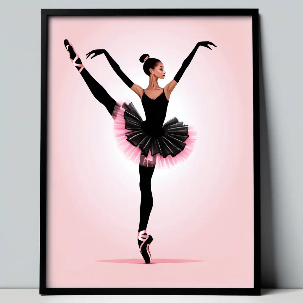 Design a coquette style poster with pink bows, black ballerina with pink tutu standing on pointe in the center