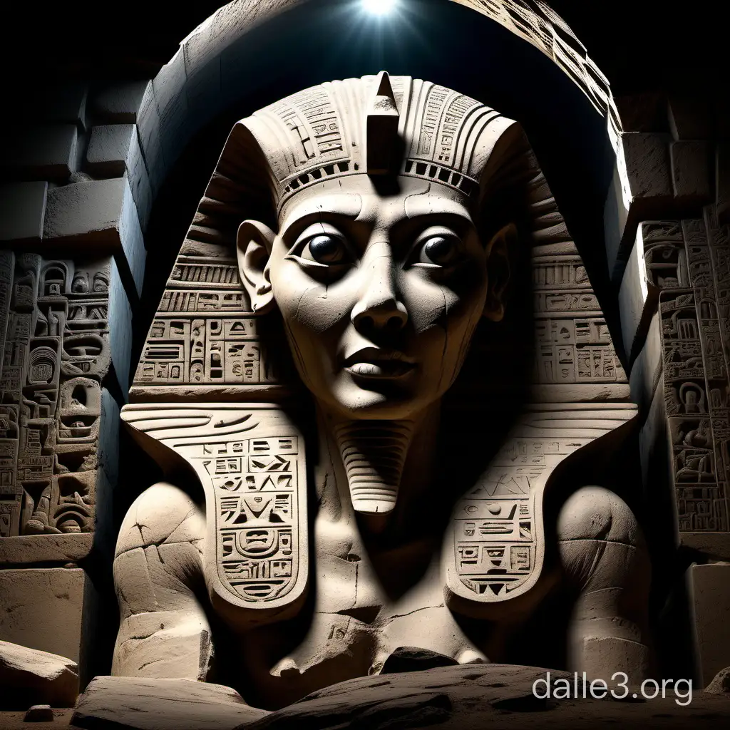 Create a chilling depiction of a sphinx emerging from the shadows, its weathered stone body covered in ancient hieroglyphs and symbols, its eyes glowing with an eerie, unnatural light. The features of its face twisted into a sinister grin, revealing sharp, jagged teeth, as it stares intently at the viewer, emanating an aura of malevolence and foreboding. Hyper realism 