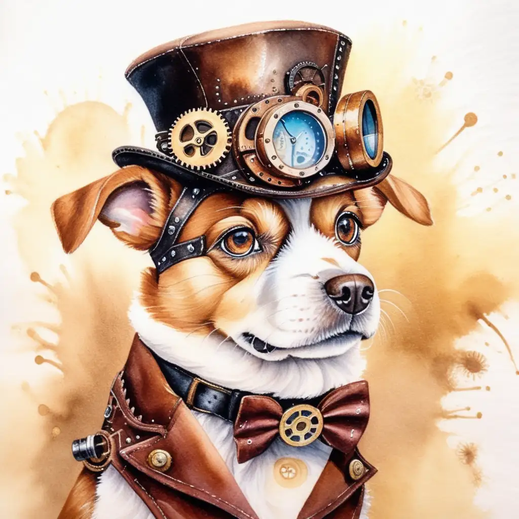 Enchanting Steampunk Dog in Vibrant Watercolor Illustration