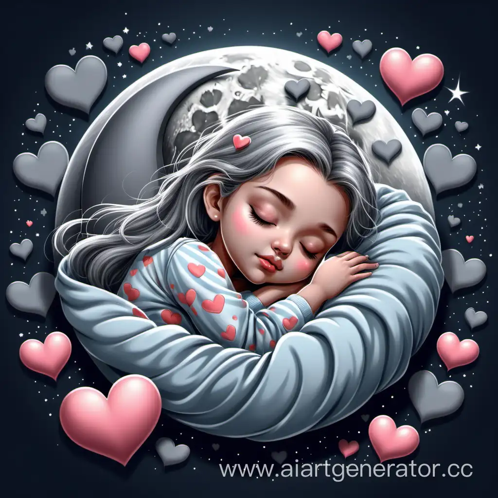 логотип на весь фон полная серая луна на этом фоне девушка спит свернувшись калачиком в пижаме с сердечками