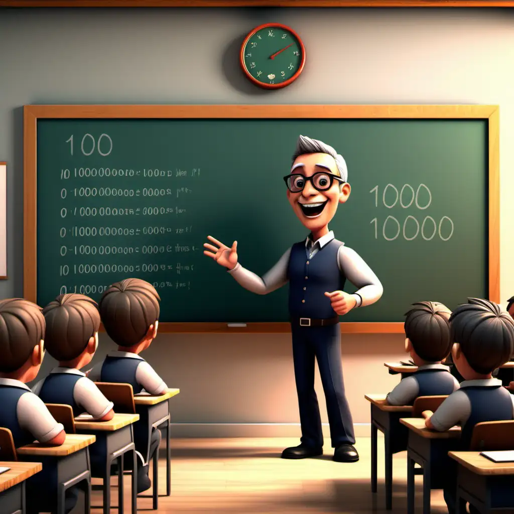 Create a 3D illustrator of an animated image of a chalkboard with the binary number "10000", an average weighed, middle aged male teacher standing in front of the classroom, students are sitting in their places. Beautiful and spirited background illustrations.