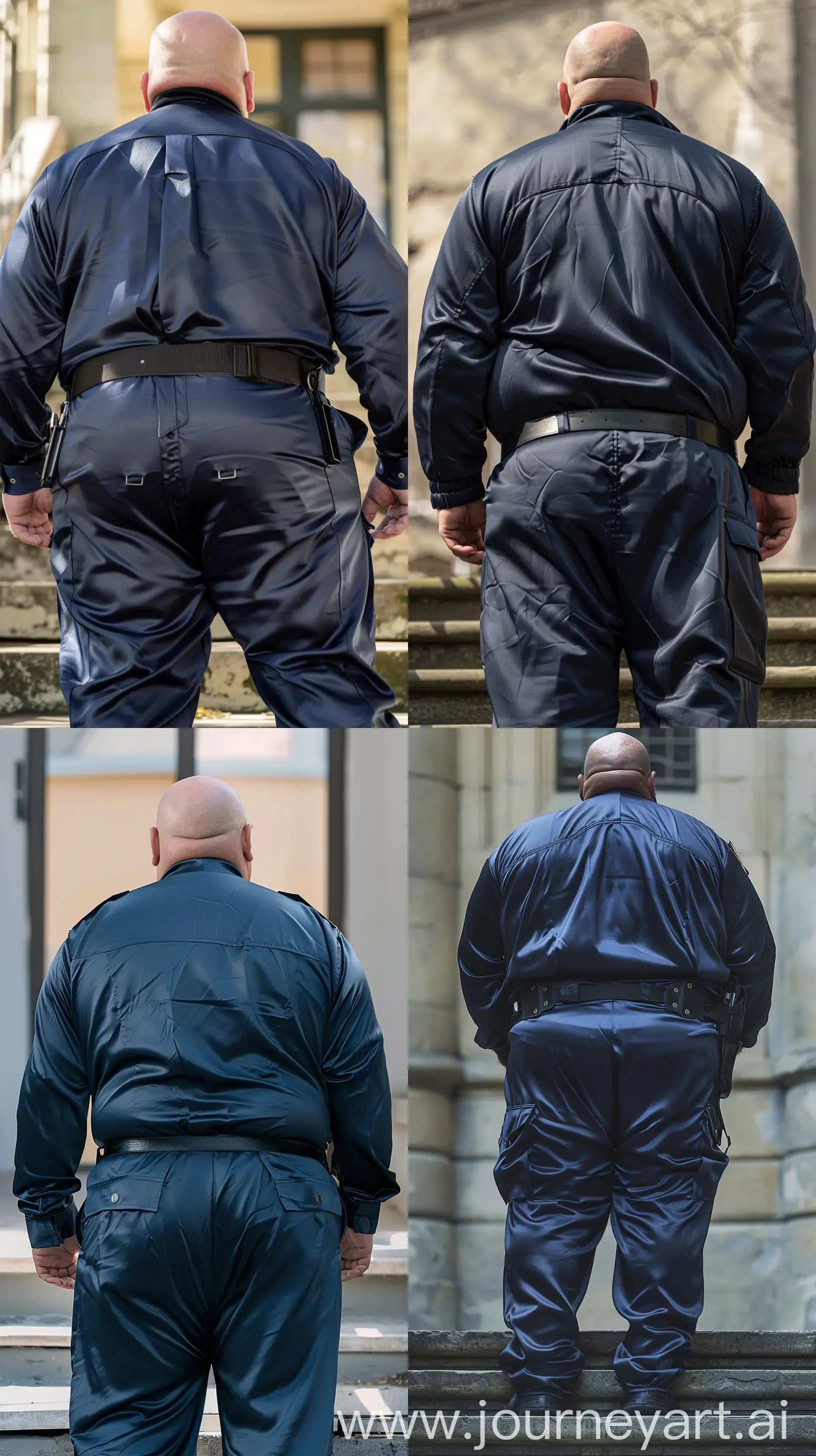 Close-up knee-level back view photo of a fat man aged 60 wearing a silk navy security guard skinny-fitted full coverall. Black tactical belt. Standing on two stairs steps. Outside. Bald. Clean Shaven. Natural light. --style raw --ar 9:16