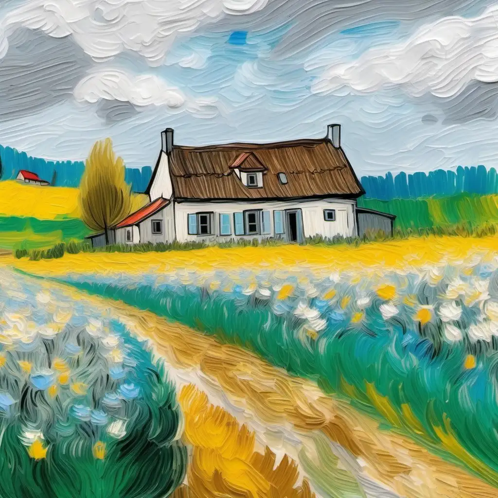 Painting with brushes strokes of a Countryside house farm with country flowers in prime site and Light colors optimistic van Gogh stile with a litteram more Blue and grey