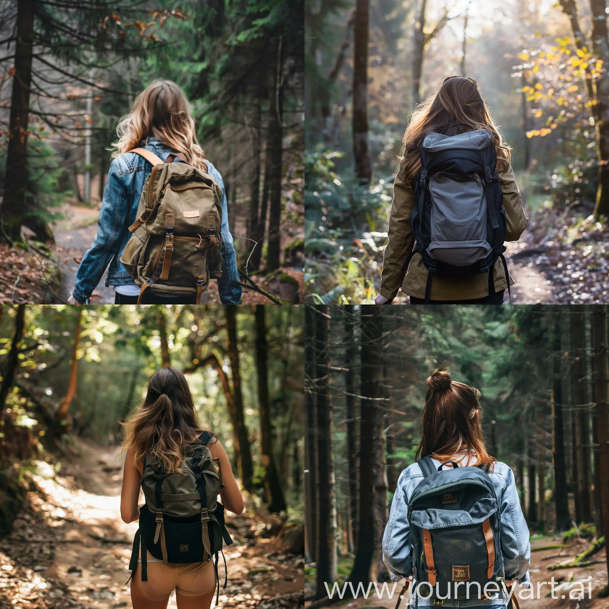 young woman doing trekking in woods