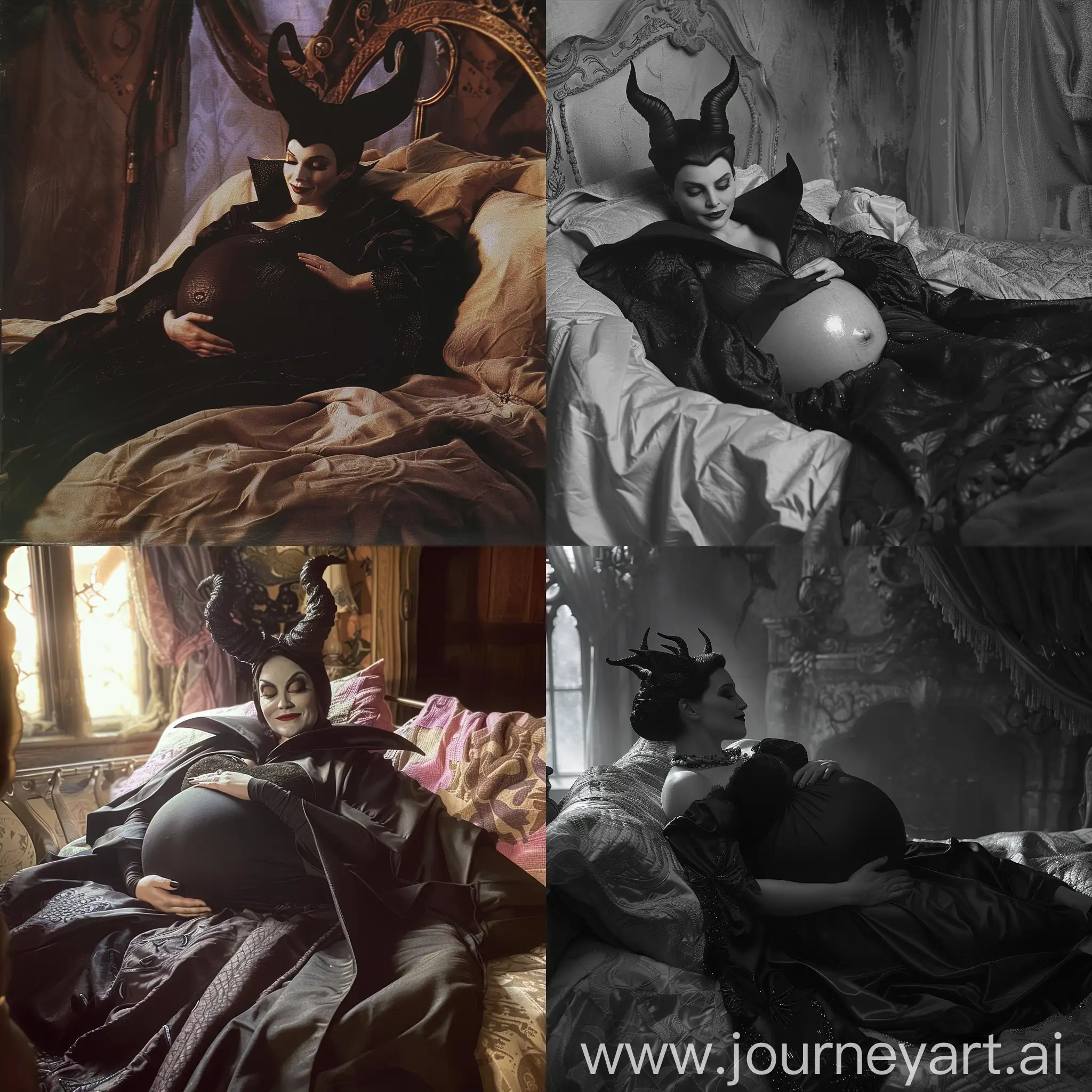 Pregnant-Maleficent-Rests-Comfortably-in-Bed-Showcasing-Her-Expectant-Belly