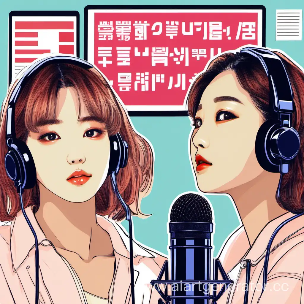 обложка для подкаста про 
 скандалы kpop две девушки за микрофоном смотрят друг на друга на фоне атрибуты южной кореи и новостные загаловки