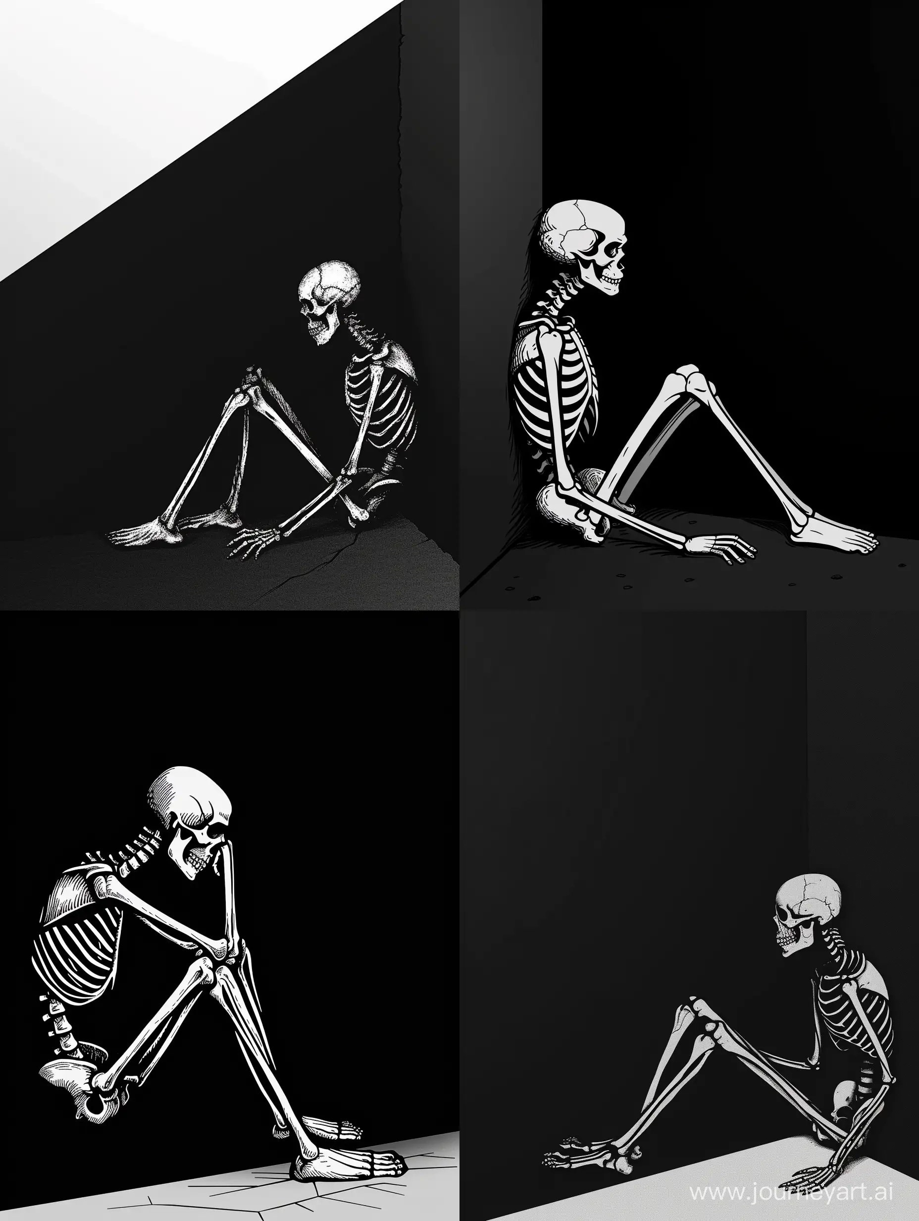 logo, minimalistic, deadman in full length who sits on the invisible floor, leaning against the wall, sad, side view, pinned in a corner, huddled in a corner out of fear, bones, skeleton, black background