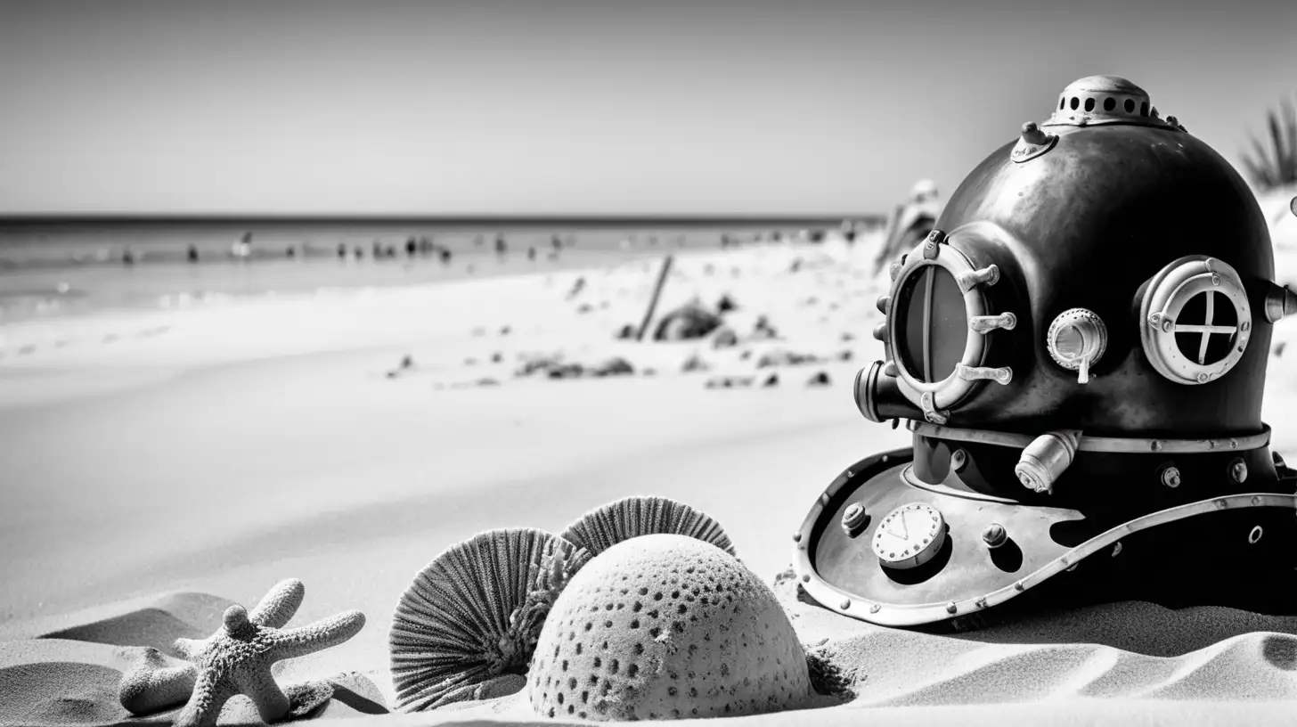Professional photography in the style of National Geographic, Old fashion 1950's iron diving helmet on the beach, surrounded by sponges drying in the sun.  Black and white.