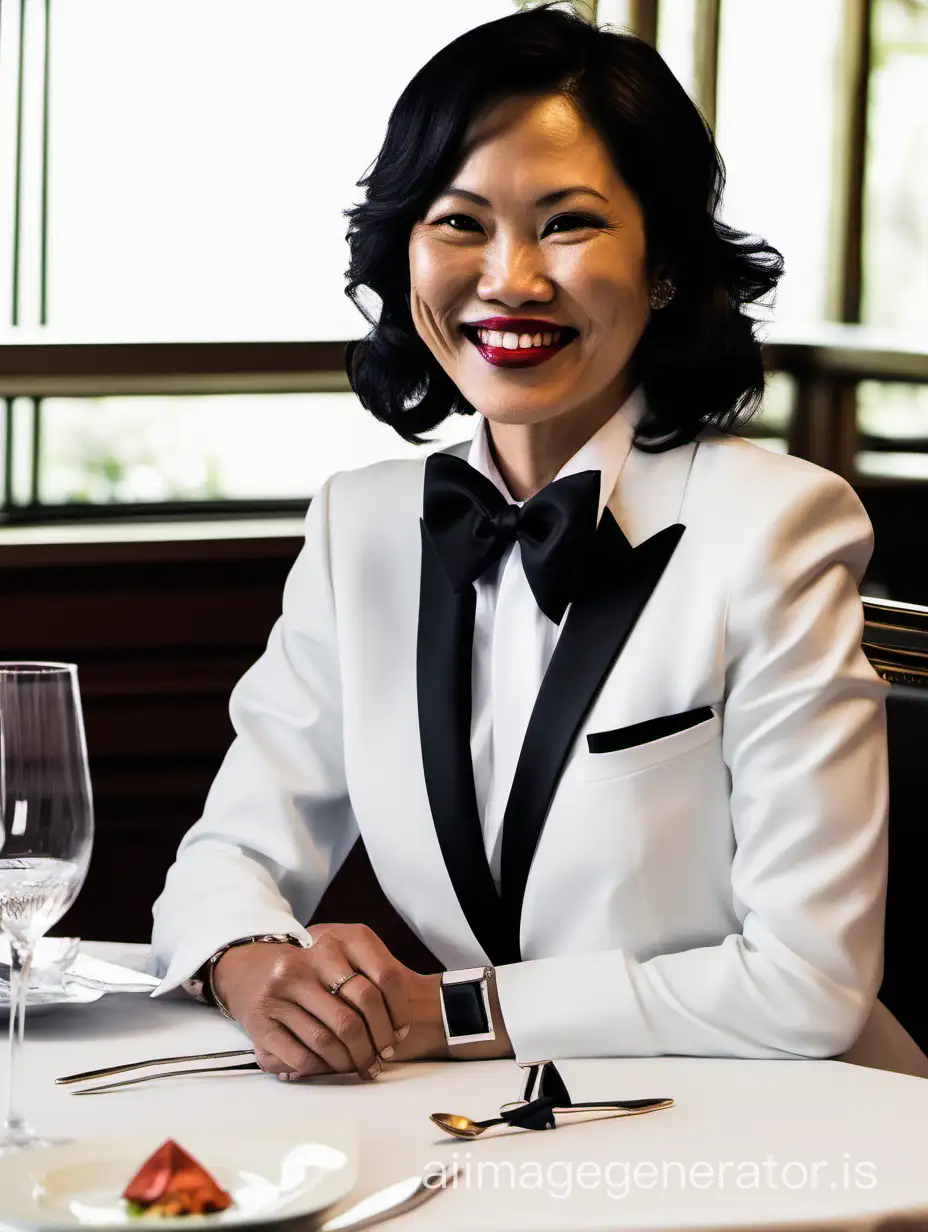 40 year old smiling vietnamese woman with shoulder length hair and lipstick wearing a tuxedo with a black bow tie.  Her shirt cuffs have cufflinks. She is at a dinner table.