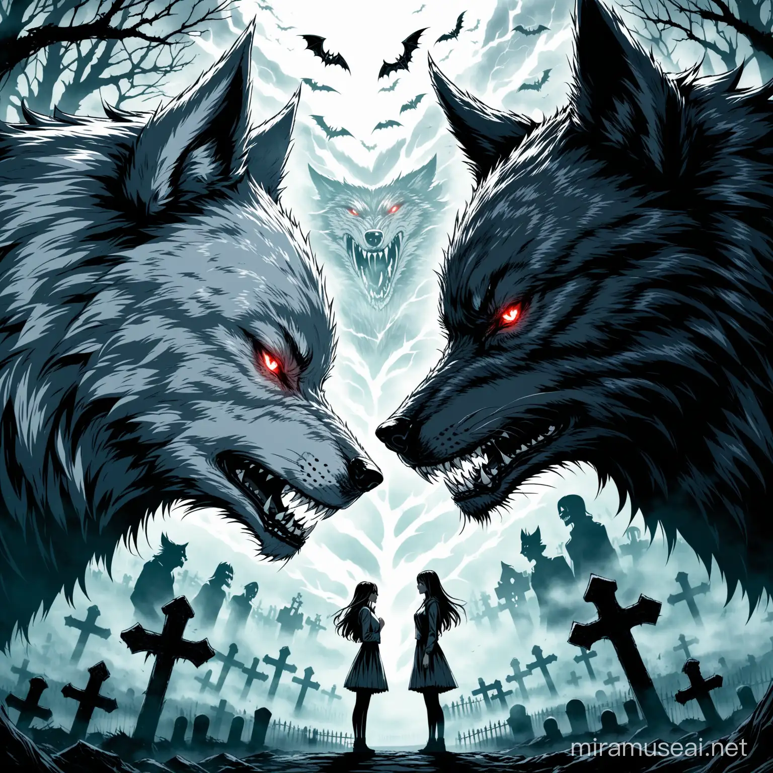A beautiful girl and furious looking demon wolf watching each other face to face , extremely detailed , intricate , sharp lines , sharp focus , misty graveyard background