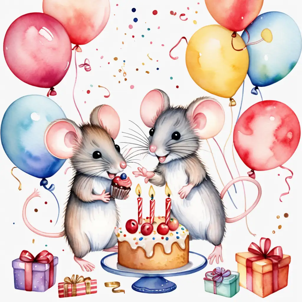 2 söta möss som firar födelsedag med tårta, ballonger och paket . I vattenfärg 
