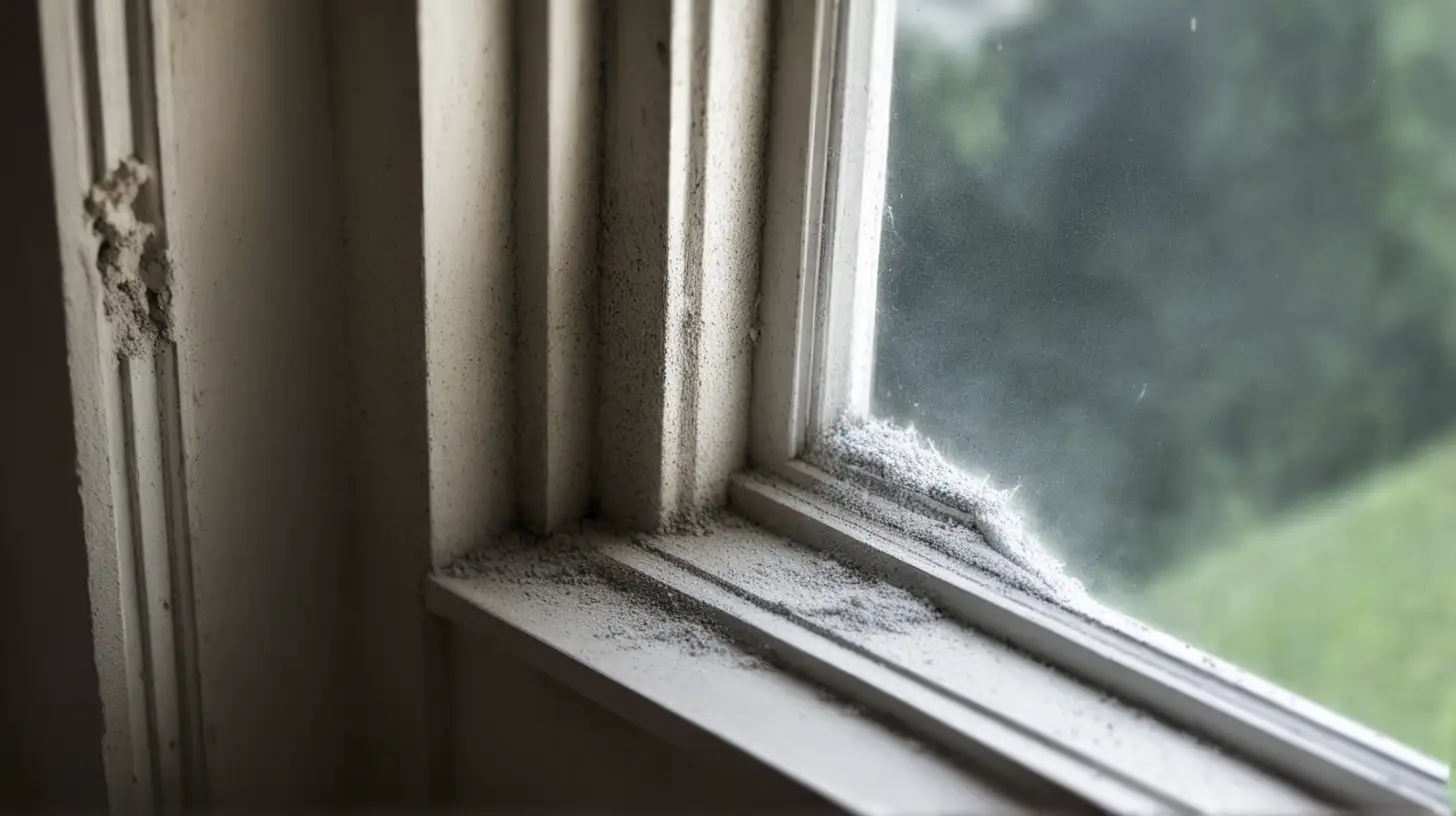 dusty window corner close up.