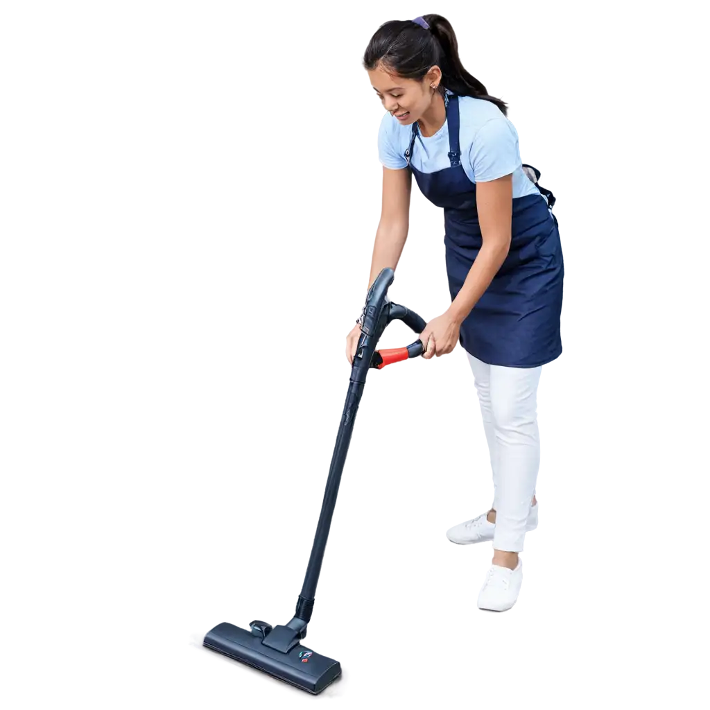 uma doméstica limpando a casa com um aspirador de pé