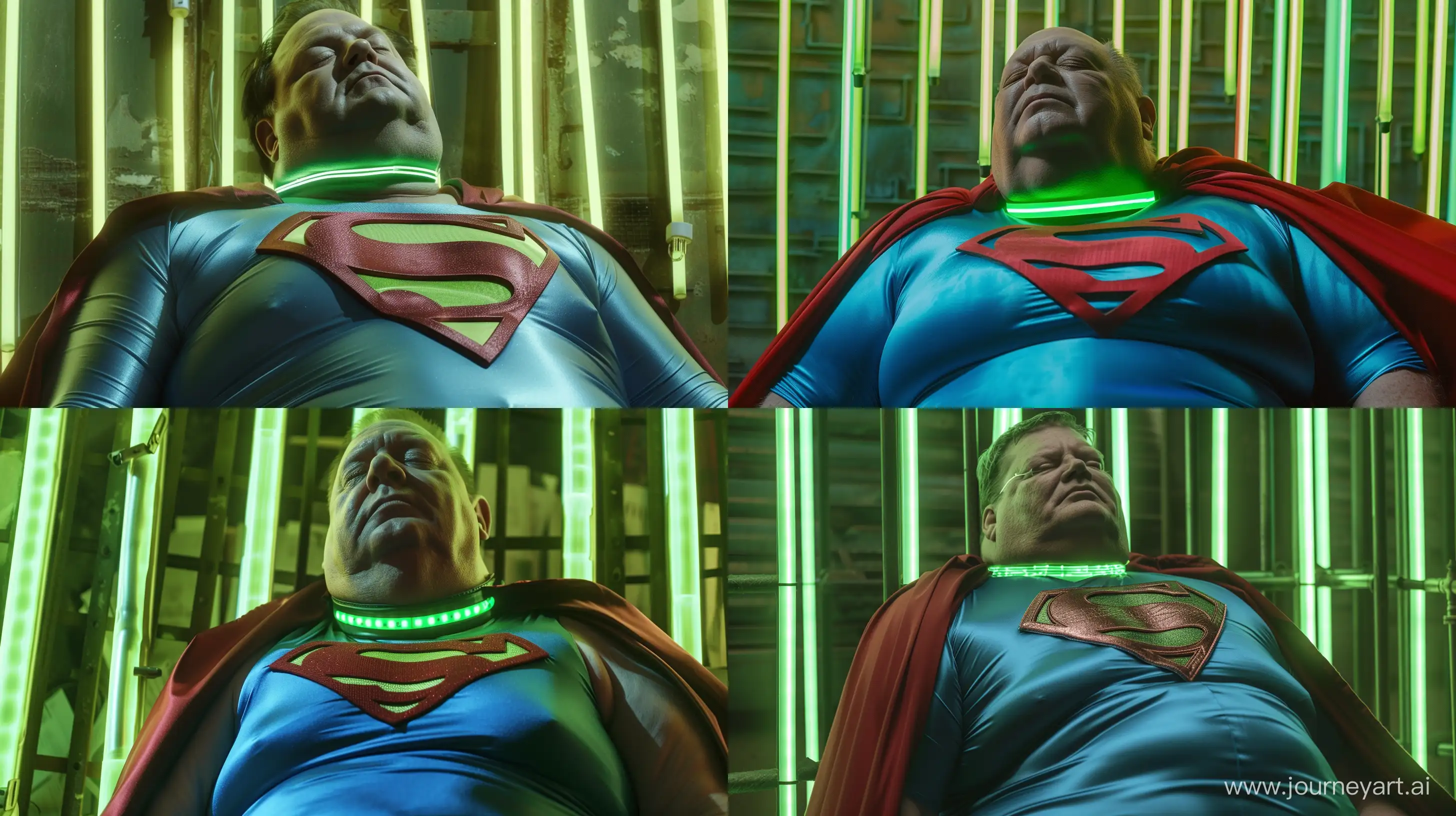 Extreme close-up shot photo of a fat gagged man aged 60 wearing a blue silk superman tight costume with a large red cape and a tight green glowing neon dog collar. Sleeping against green glowing green neon bars. Outside. Daylight. Natural Light. --style raw --ar 16:9