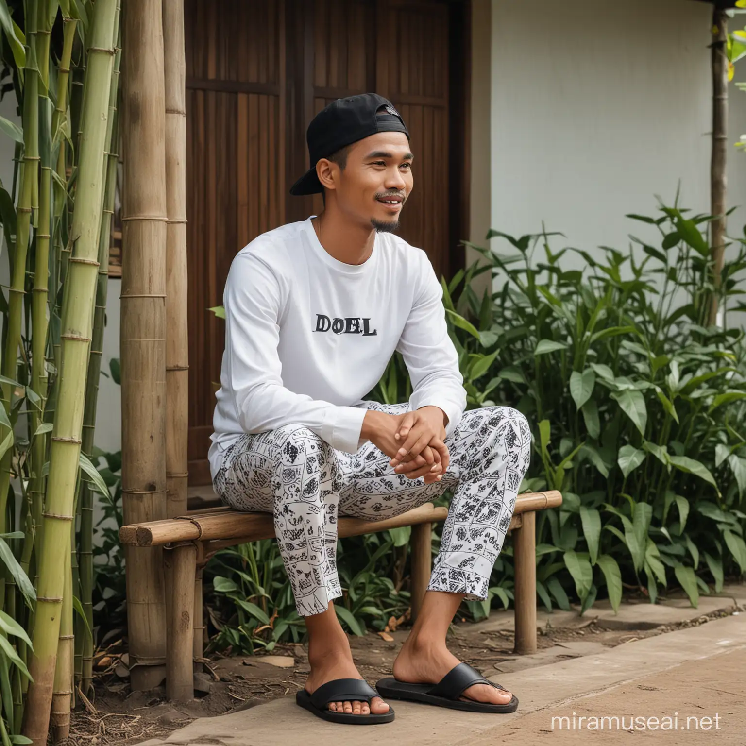 Photo of an Indonesian man (30 years old, wearing a black cap, long and clean face, smooth face, skinny body, wearing a white shirt with the word 'Doel' written on it, wearing white patterned batik pants, black leather sandals), smoking, the man is seen relaxing sitting on a bamboo bench in the front yard of a simple house with a cup of black coffee next to him (a boarding house with a Javanese joglo-style house design), rural atmosphere, bright front, cinematic, best angle, with a background of chickens and an old bicycle leaning against the house