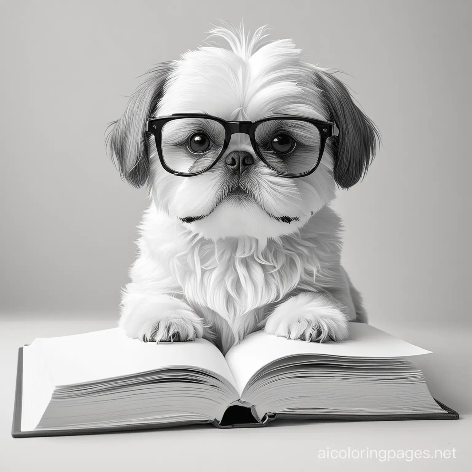 shih tzu with glasses reading book , Coloring Page, black and white, line art, white background, Simplicity, Ample White Space. The background of the coloring page is plain white to make it easy for young children to color within the lines. The outlines of all the subjects are easy to distinguish, making it simple for kids to color without too much difficulty