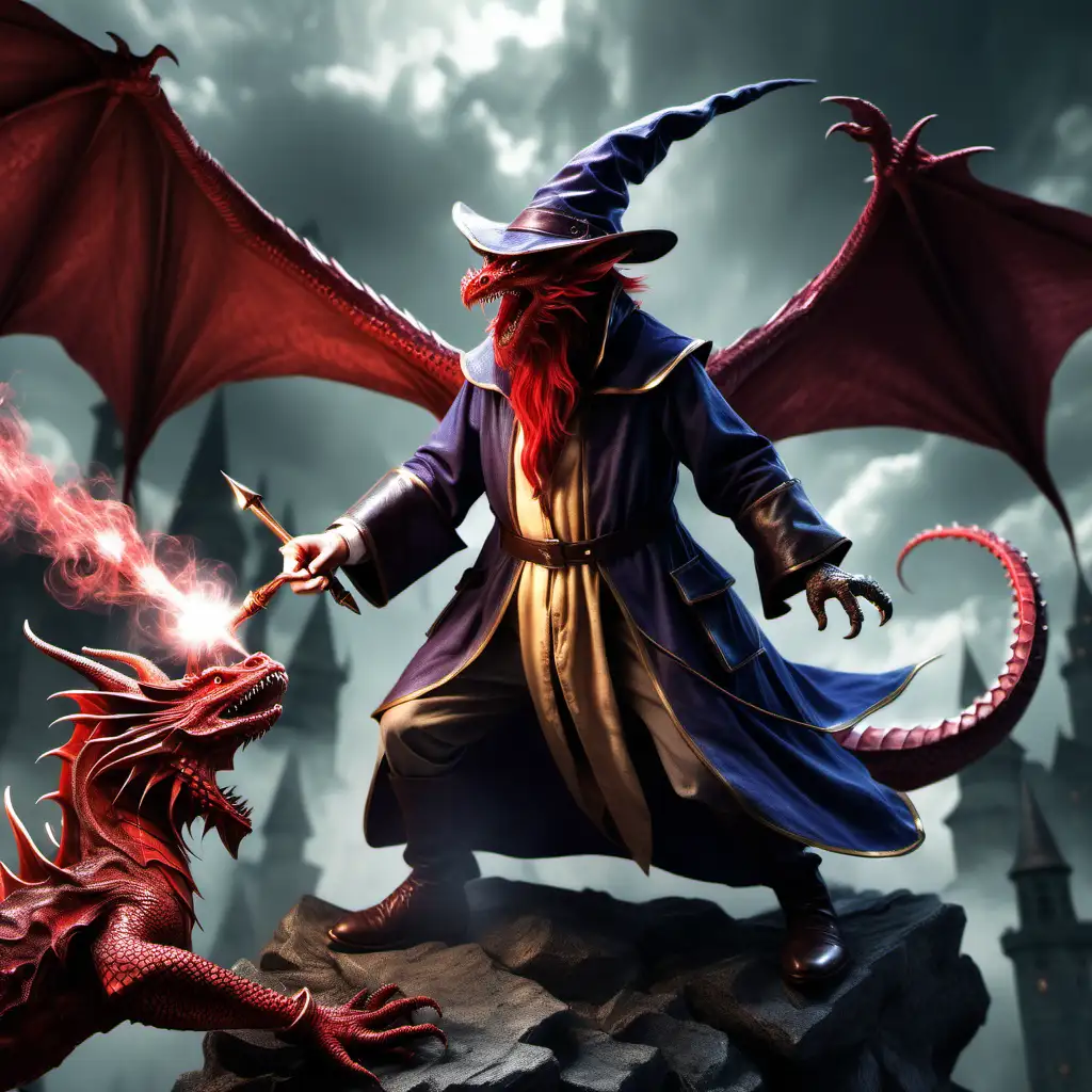 Produce a fantasy image of a wizard with a pointy hat and wand engaged in a fight with a red scaly dragon
