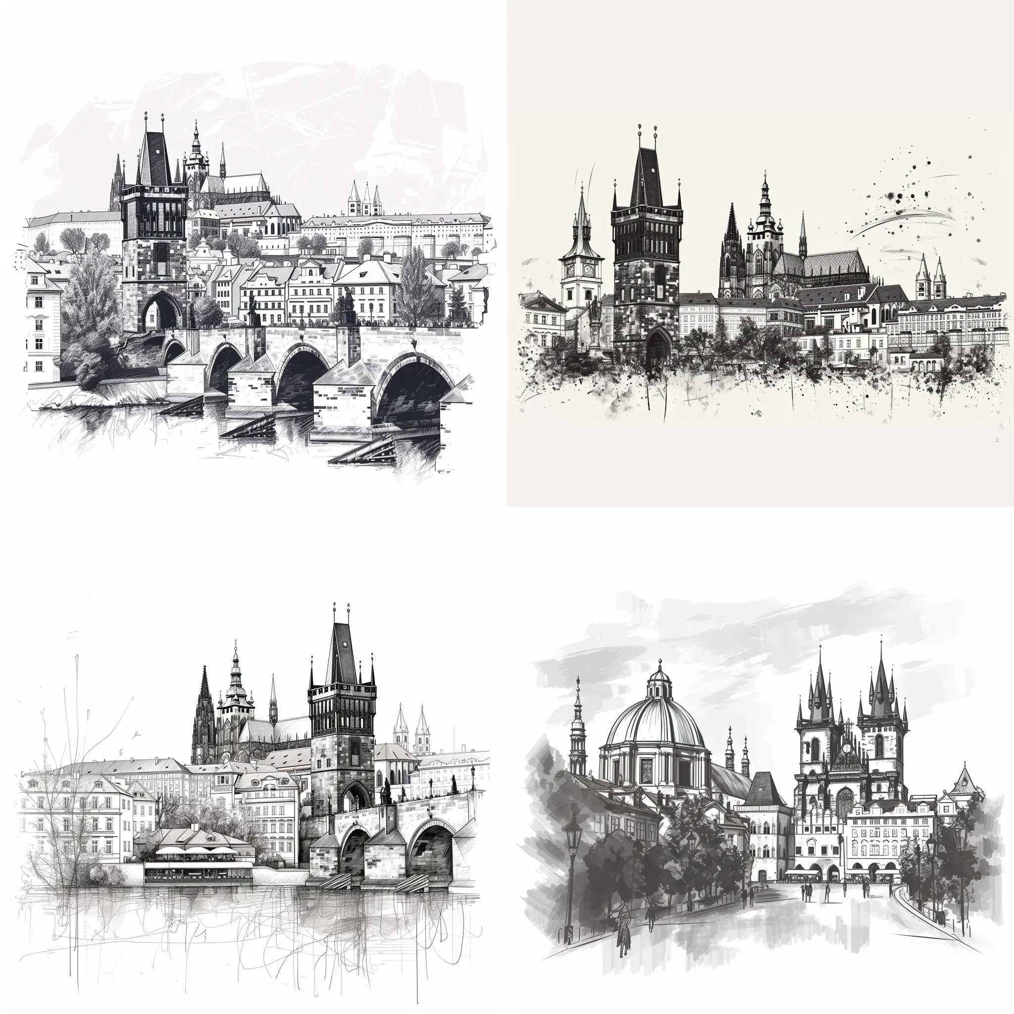 minimalistic vector monochrome graphic illustration of Prague, in sketch style, famous landmarks and tourist attraction, high quality details