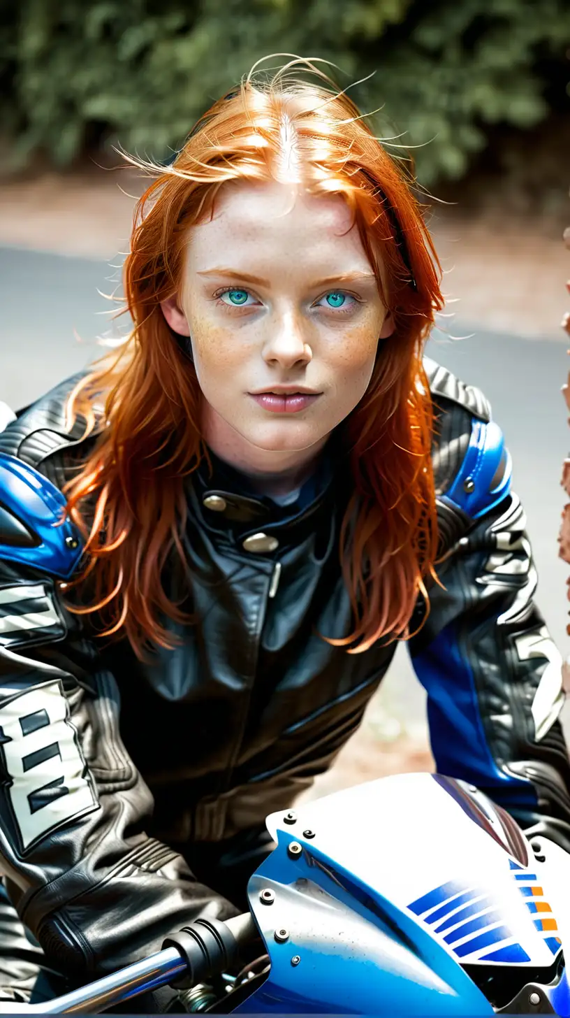 Adventurous Redhead in Stylish Motorcycle Race Suit on Bike