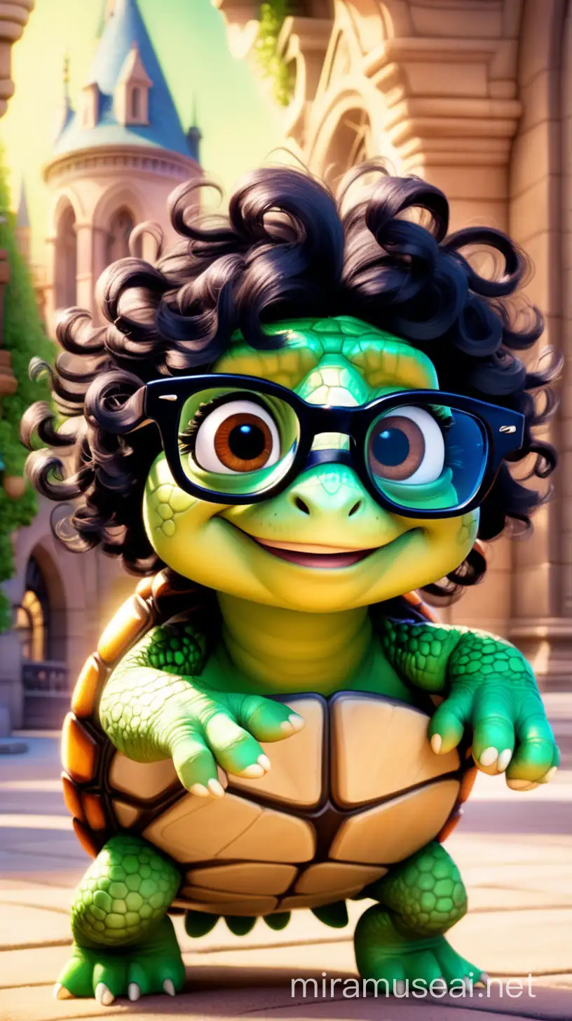 Pixar Style Turtle with Curly Black Hair and Green Glasses in Magical Setting