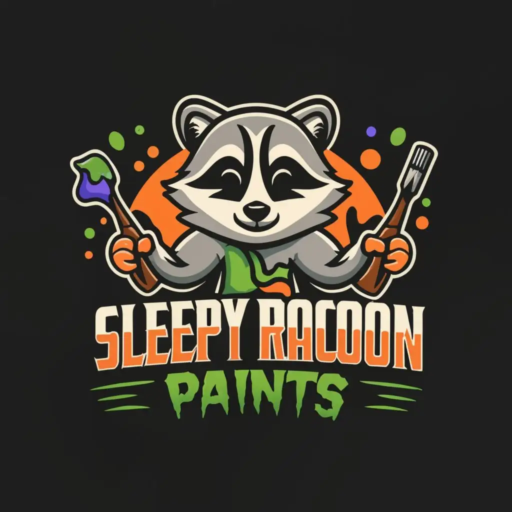logo, A sleepy Racoon that's enthusiastic about painting. With a dark background, green paint on the brush and orange accents around him., with the text "Sleepy Racoon Paints", typography, be used in Entertainment industry
