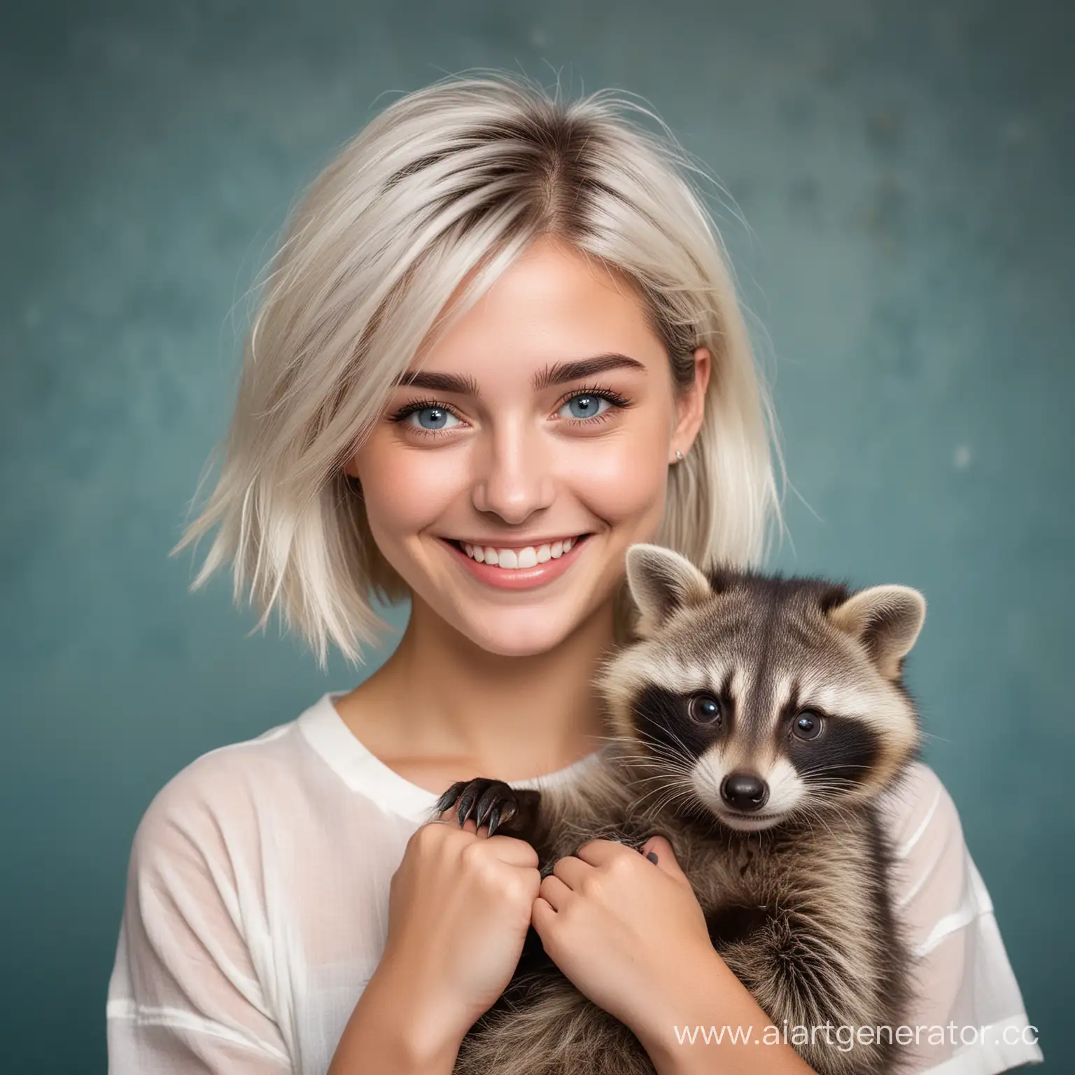 Joyful-Young-Woman-with-Bob-Hair-Holding-a-Raccoon-Candid-Portrait