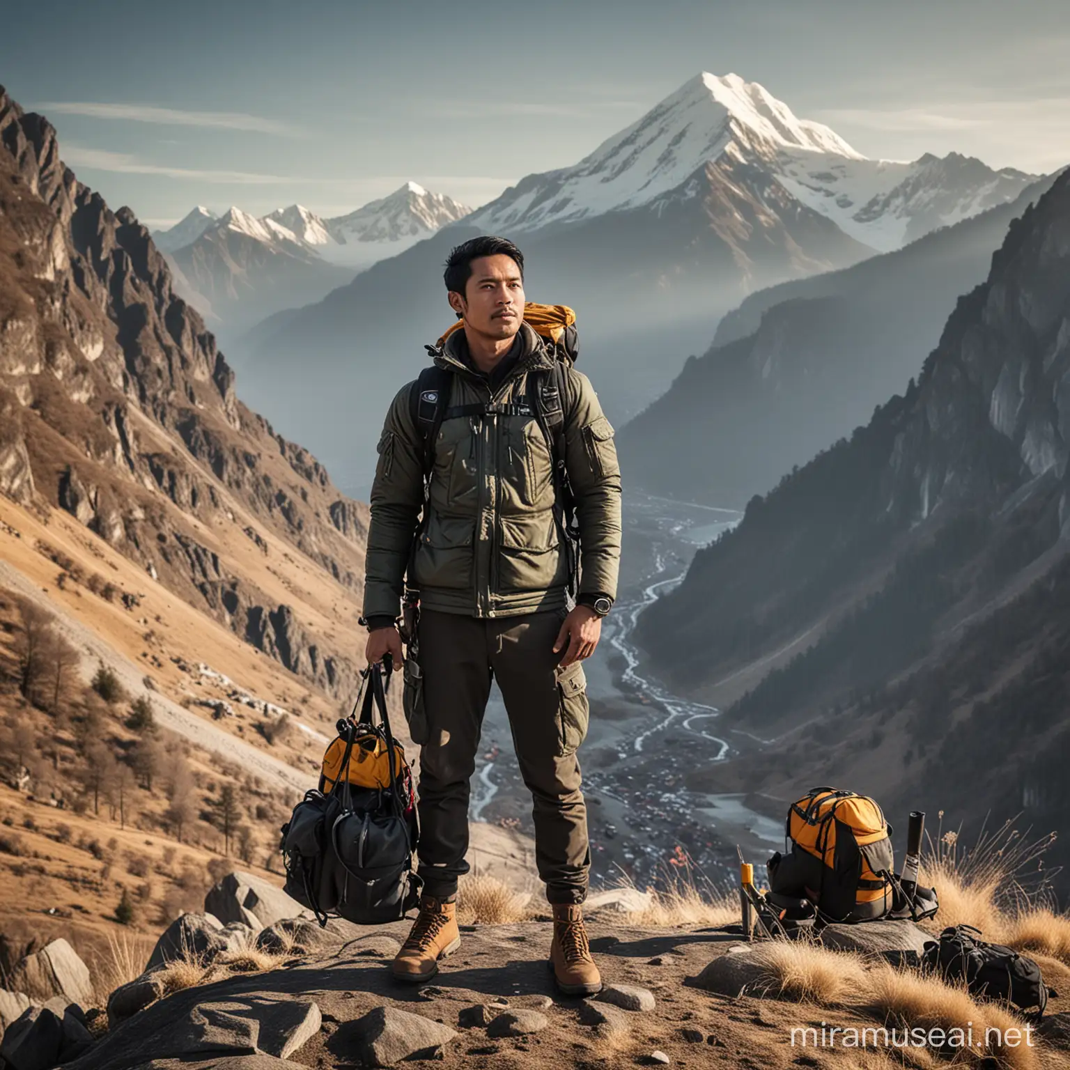 Foto full body pria indonesia umur 30 tahun rambut warna hitam,berparas tampan,dengan style jaket pendaki gunung,lengkap dengan ransel dan alat lainya.
Latar di atas pegunungan yang memukau saat pagi hari
Efek pendaki gunung cantik