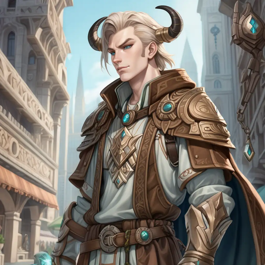 A 27-year old lithe man stands amidst a big city, he is clean-shaven with pale skin and has two little horns growing from his forehead. He has medium-length hair with a braid, adorned in simple accessories. His eyes are pallid, unseeing. His attire consists of a mix of rugged adventurer's gear and elements of mystical robes with intricate armor pieces that hint at his arcane abilities. He has a cape. Around his neck, he wears a prominent, ancient amulet, glowing subtly. 