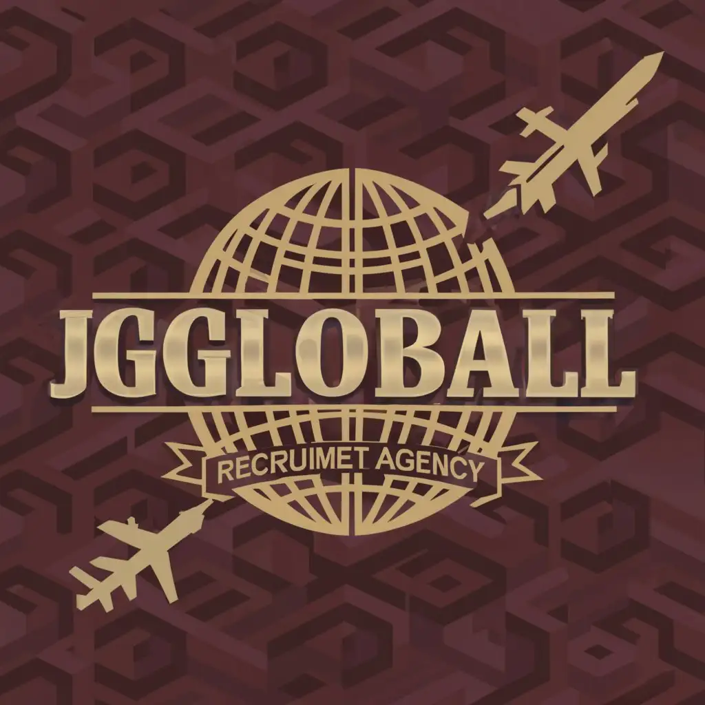 a logo design,with the text "Just   Global   Recruitment Agency", main symbol:Globe airplane the logo should be in burgundy color,complex,clear background