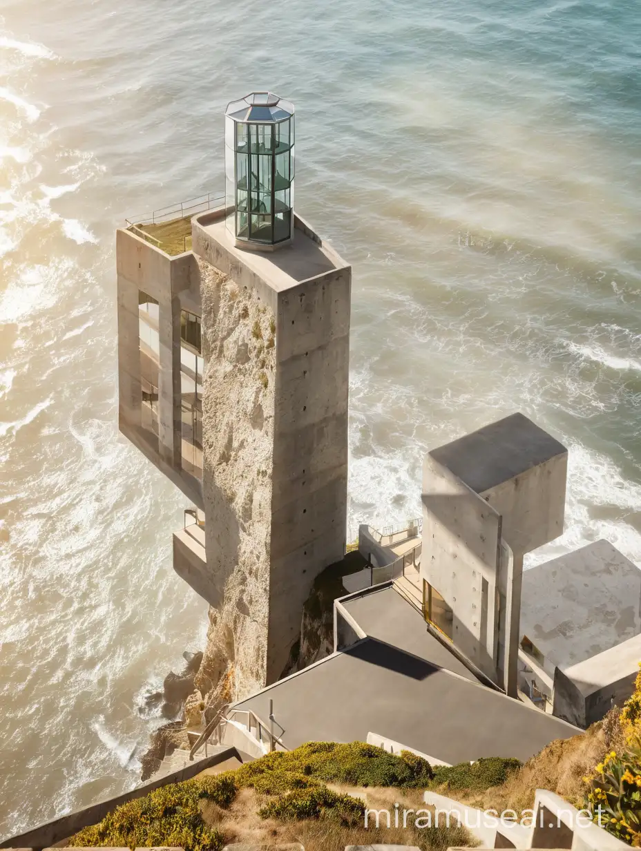 Immagina una foto realistica e accattivante delle dimensioni di 1392 x 1848 pixel di una torre di cemento e vetro sporco e degradato sulla sommità di una falesia scoscesa sul mare. Aggiungi dettagli accurati e realistici alla scena facendo in modo che risulti piena di riflessi e fascino. L'intera scena è assolata e luminosa, la luce è calda e misteriosa. L'atmosfera è calda e ferma e si sente il sole che si riflette sull'acqua. 