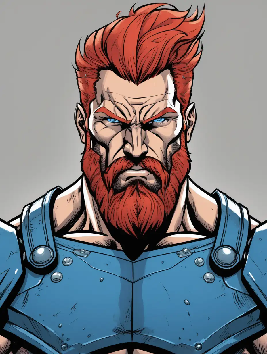 inked comic book art style, close up portrait of a muscular Scandinavian man, red mane of hair, well kept beard. Angry. He is wearing ocean blue power armor over torso. Grey background.