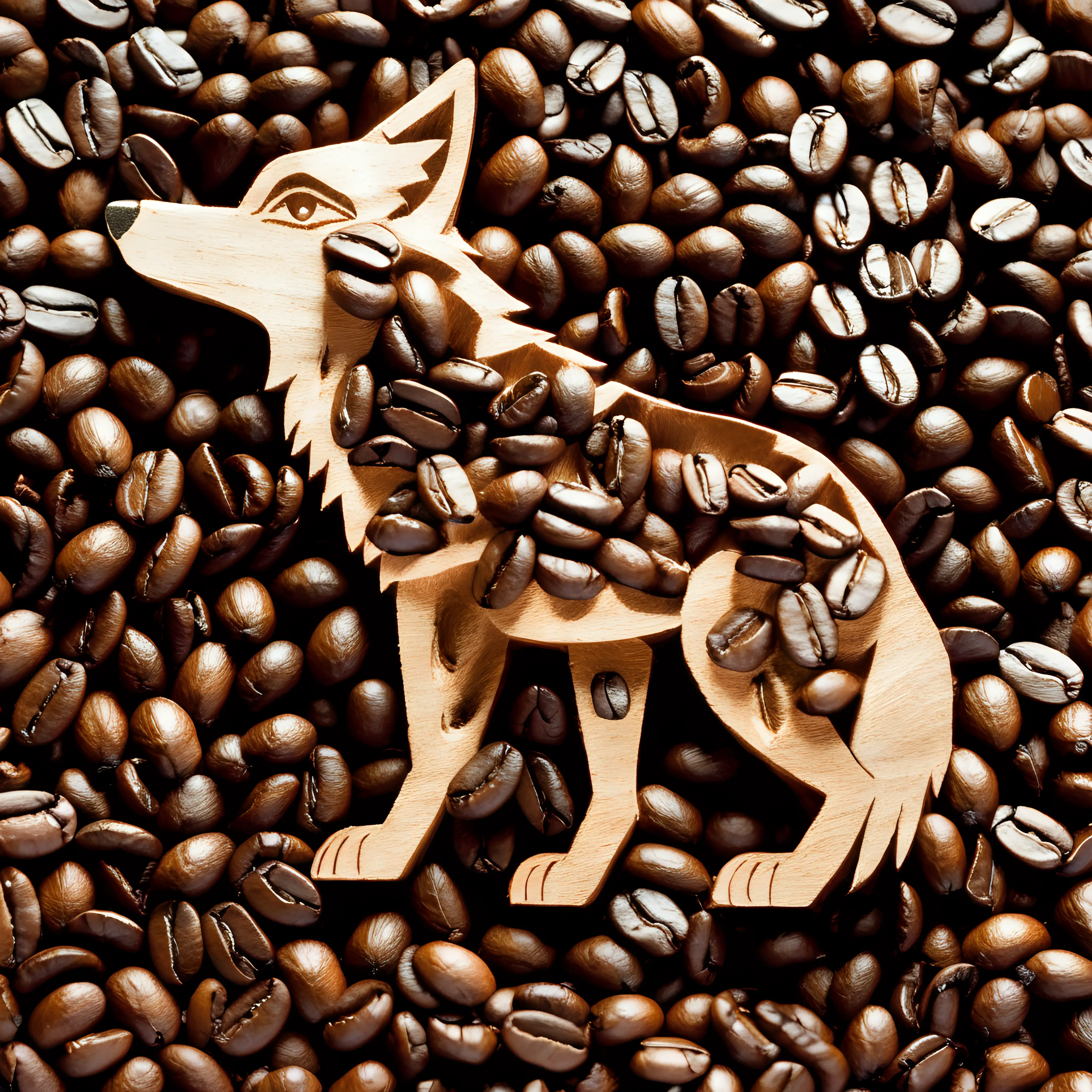 Roasted Coffee grains forming the shape of a beautiful  howling coyote.  