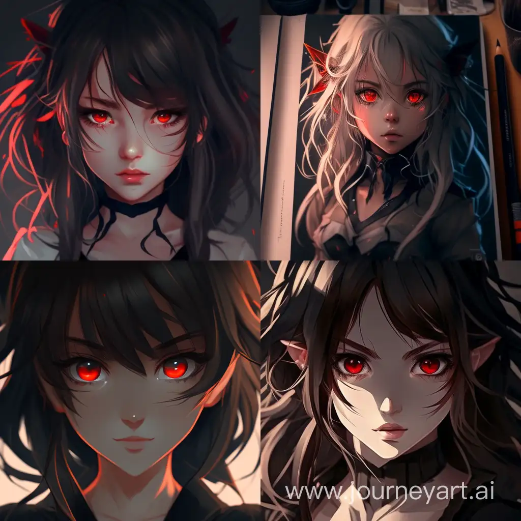 Draw a girl with red eyes in anime style