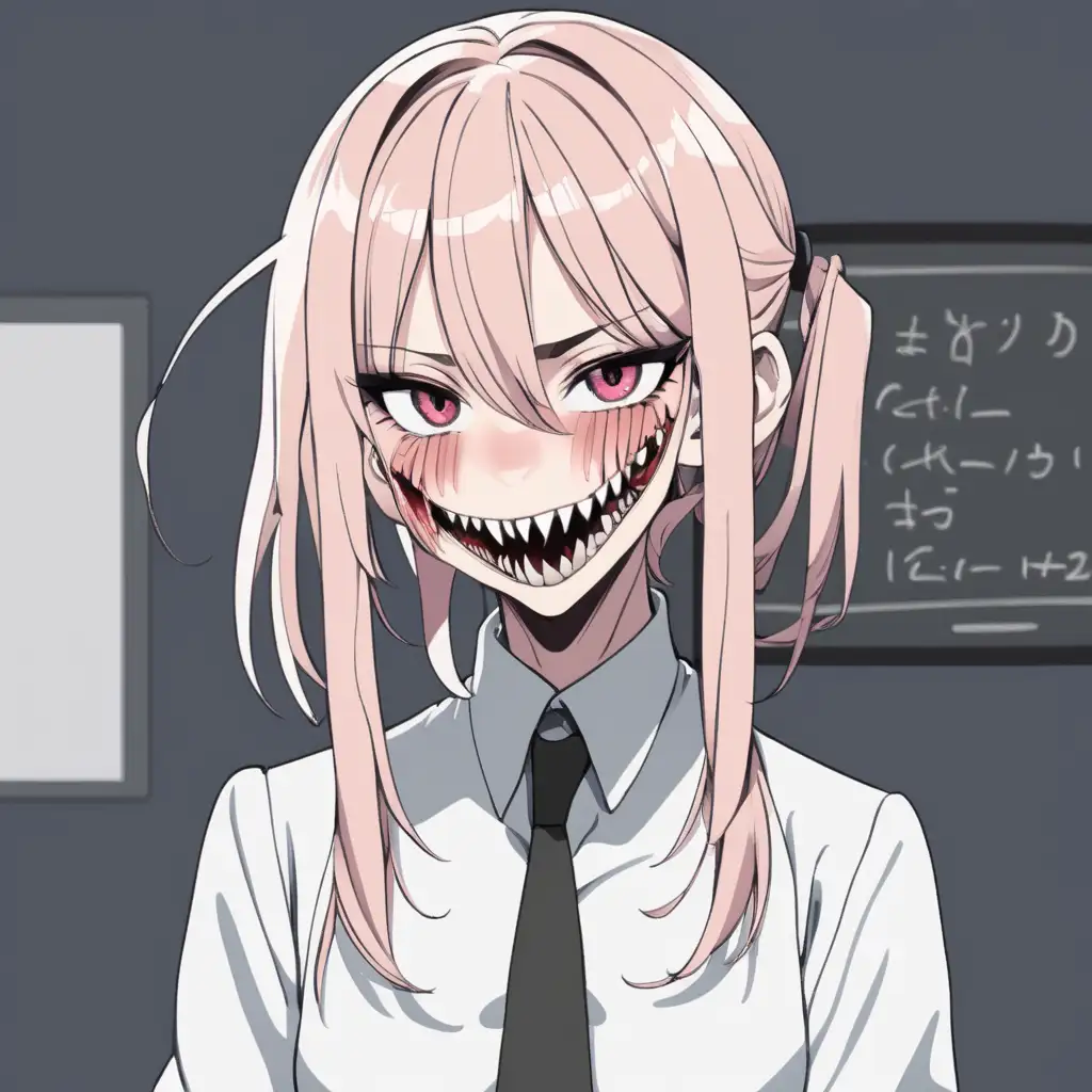 Surreal Anime Woman with Unhinged Maw and Sharp Teeth in Cute Teacher Attire