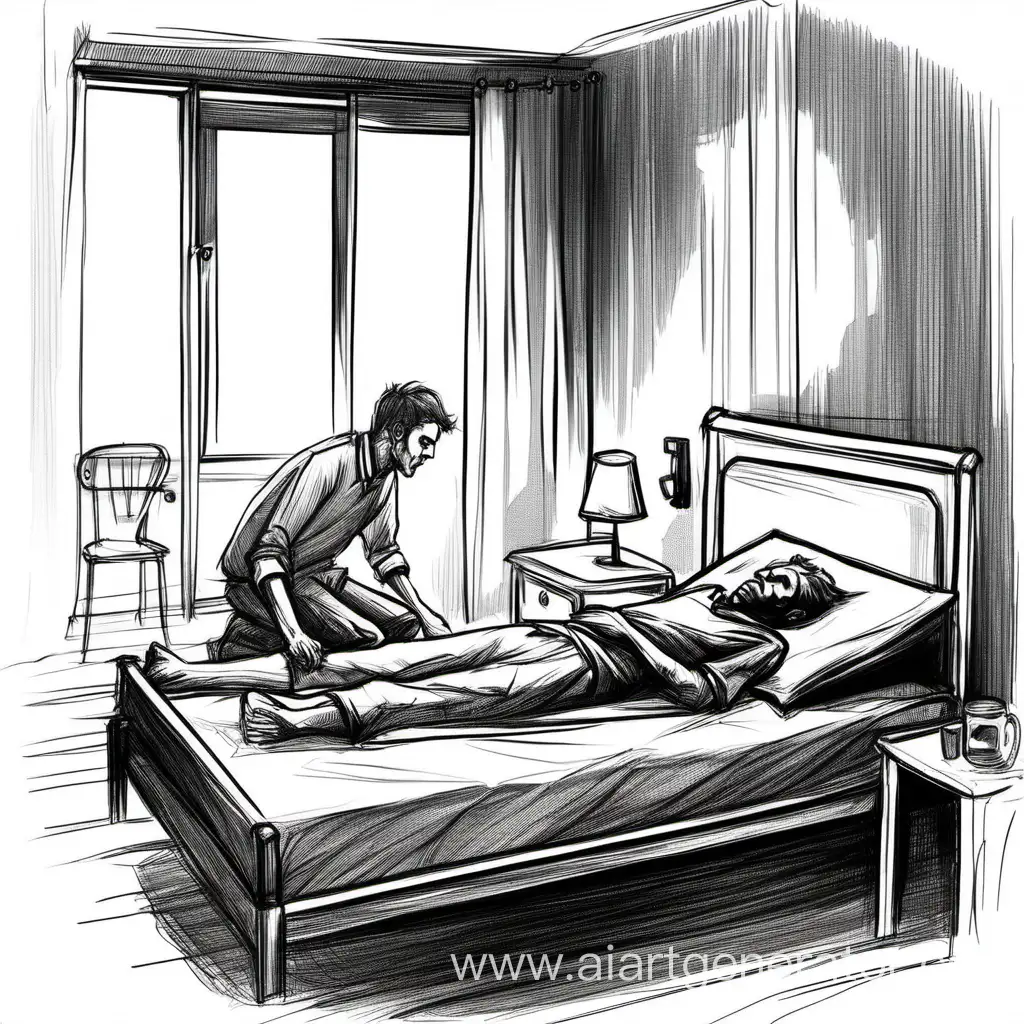 больной мужчина лежит на кровати. рядом девушка. комната. скетч