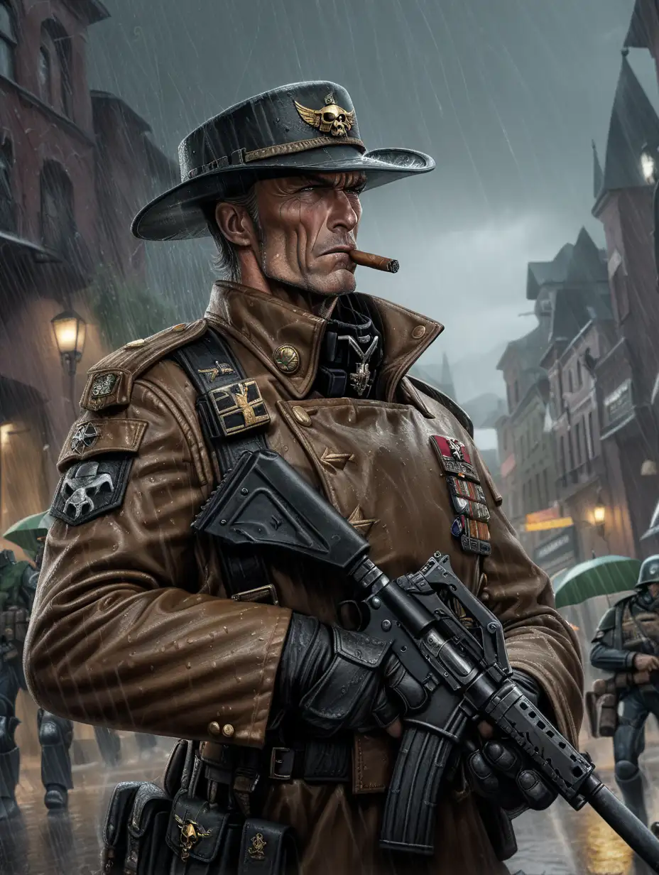 Young Clint EastwoodInspired Cavalry Commando in Warhammer 40K City Rainstorm