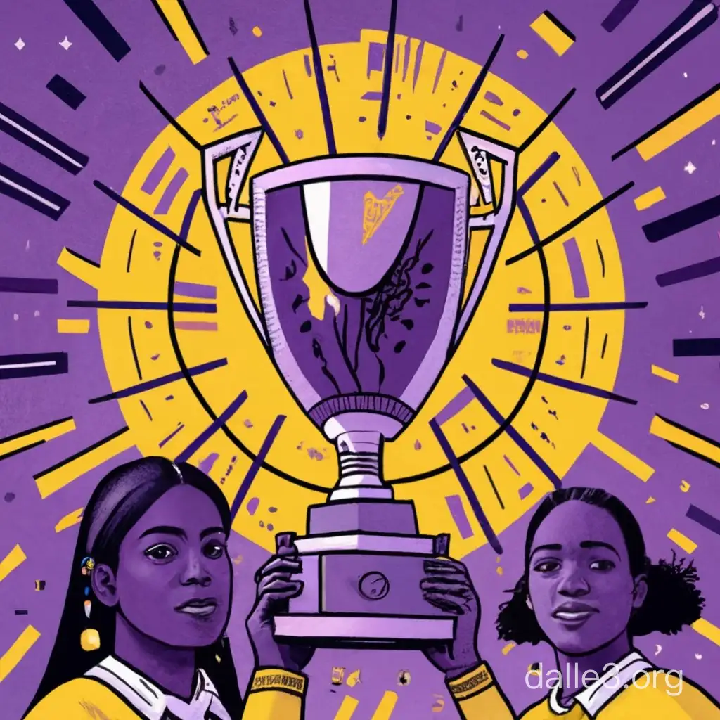 design an image featuring Matilda players, with a special focus on an Aboriginal team member. The image should showcase them holding a prominent trophy in a vibrant purple hue. Inside the trophy, a radiant sun is rising, emitting beams of light. The trophy is being held by the female players of the Matilda team.
