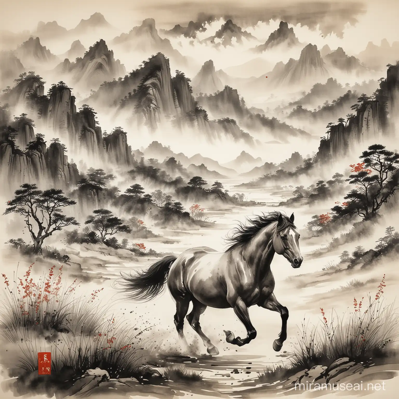 horse running through a field with mountains in the background, windy scene
traditional chinese ink painting style