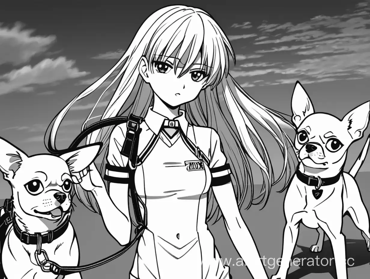 Asuka-Langley-Walking-Evil-Black-and-White-Chihuahuas-on-Leashes