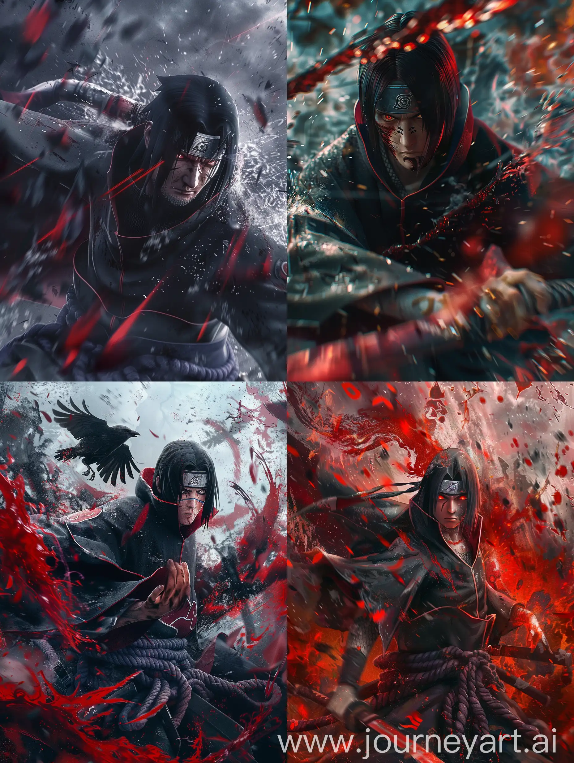 Hyper realistic image of itachi uchiha in action ,dynamic background can be a emerging knight,mokoto shinkai style with hyper realism mix
