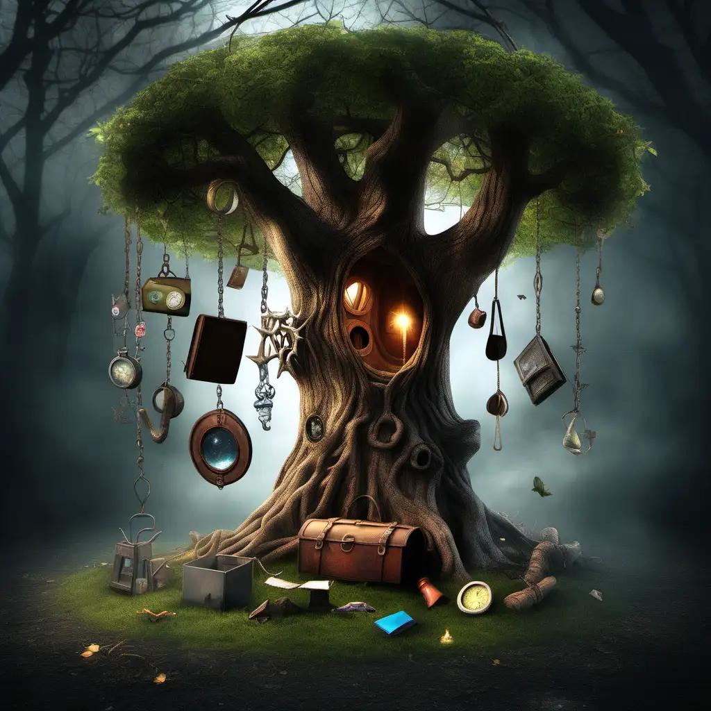 Enchanted Tree with Mystical Ornaments and Mysterious Hollow