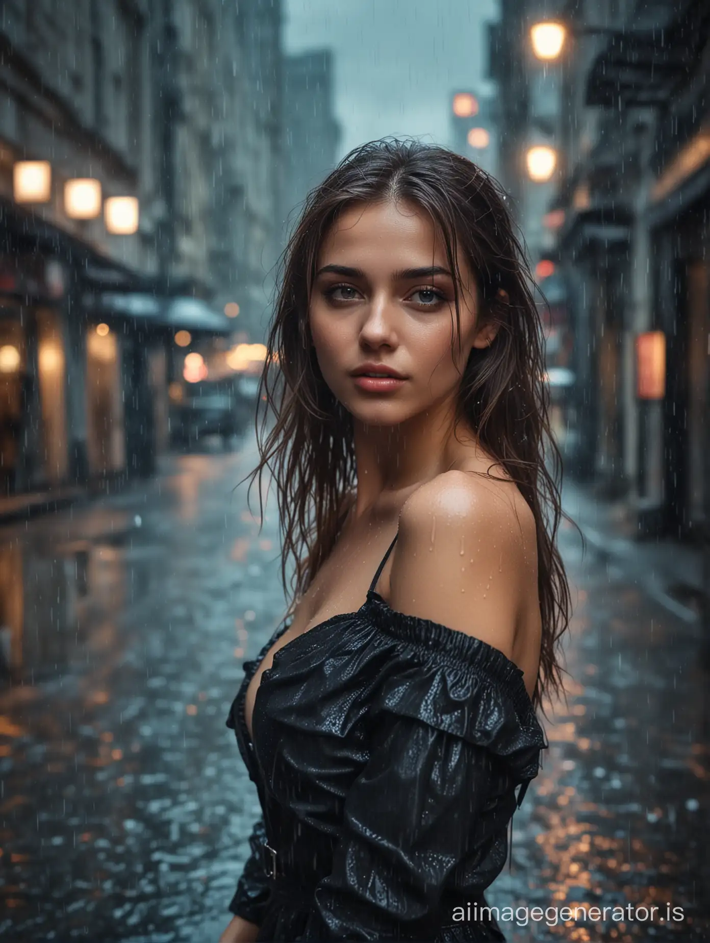 young beautiful girl in a big city, rain, dark, scantily dressed, beautiful face, dreamy